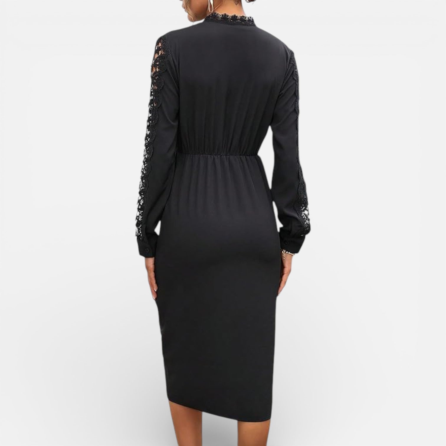 Black Midi Dress with Lace Sleeves | Elegant Slim Fit for Women