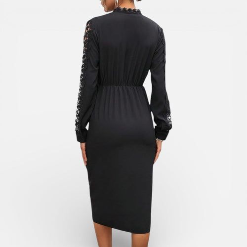 Black Midi Dress with Lace Sleeves | Elegant Slim Fit for Women