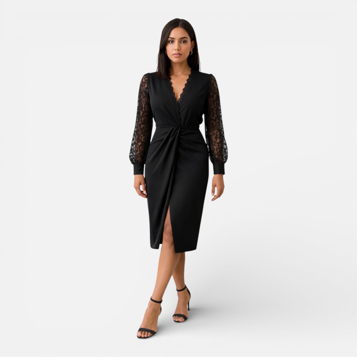 Black Midi Dress with Lace Sleeves | Elegant Slim Fit for Women