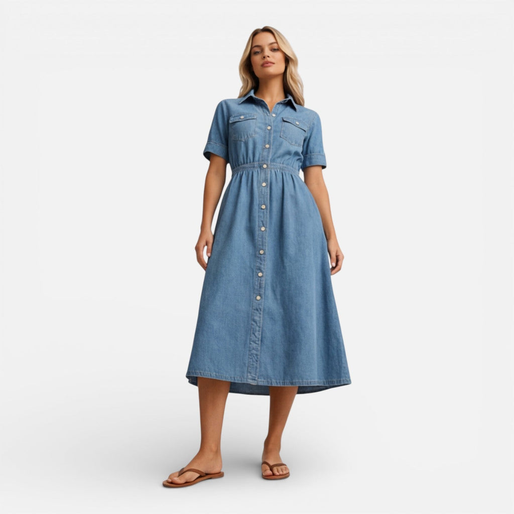 Denim Midi Shirt Dress for Women - Casual Button Front Comfort Wear