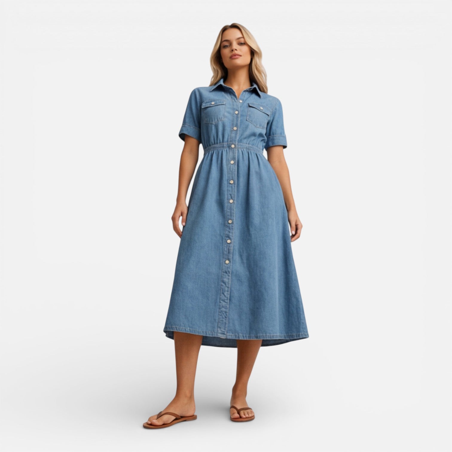 Denim Midi Shirt Dress for Women - Casual Button Front Comfort Wear