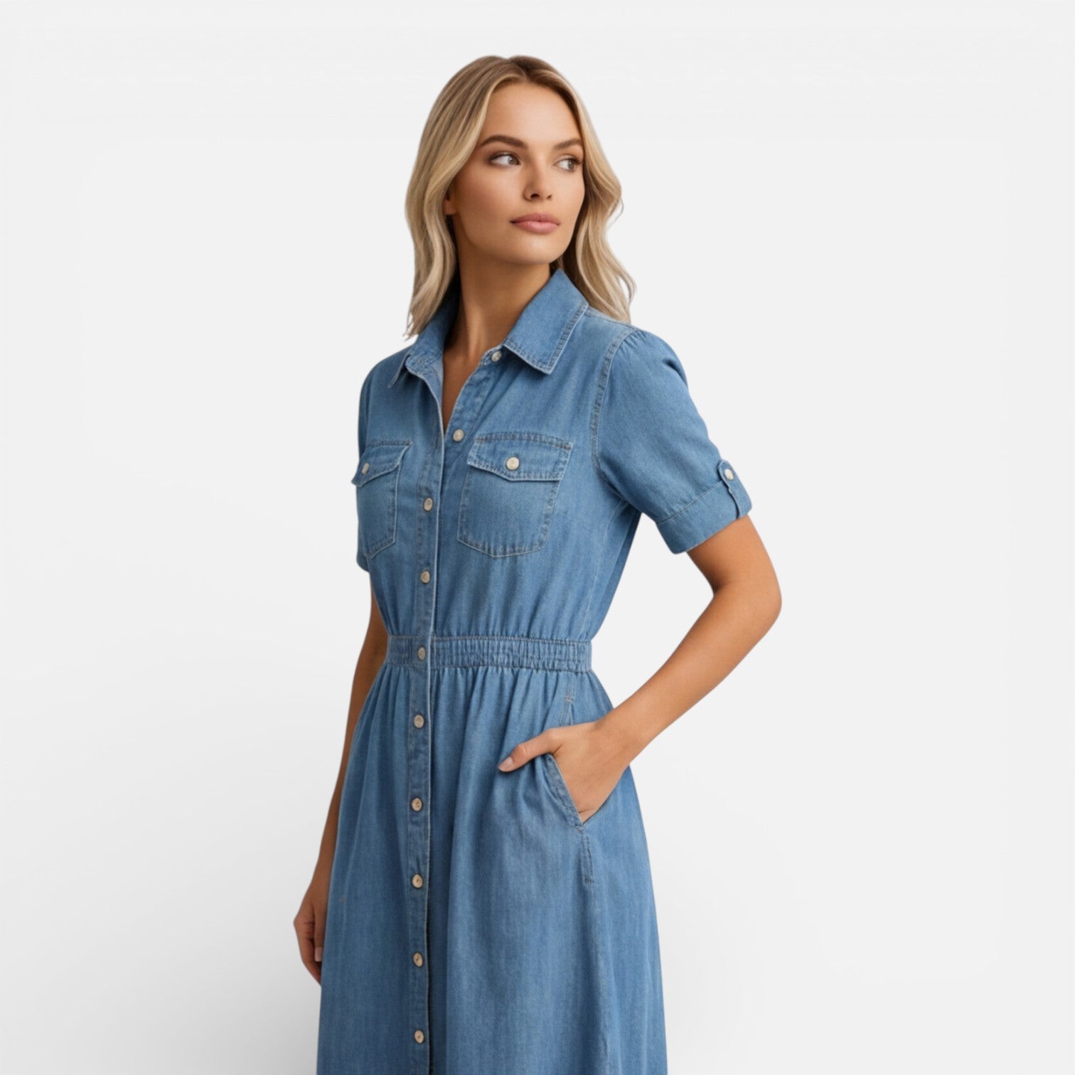 Denim Midi Shirt Dress for Women - Casual Button Front Comfort Wear