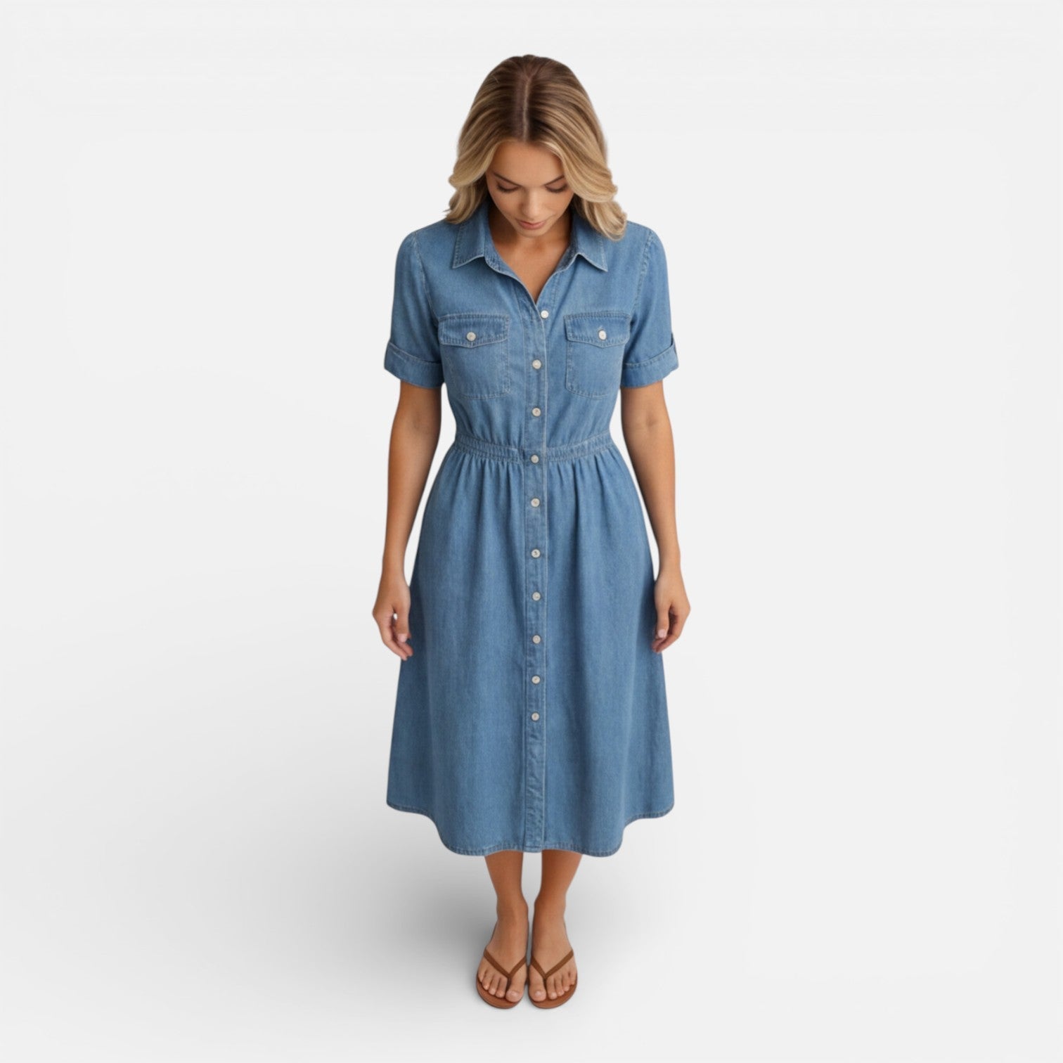 Denim Midi Shirt Dress for Women - Casual Button Front Comfort Wear