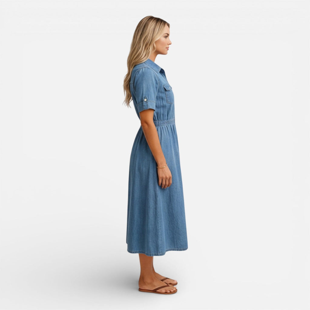Denim Midi Shirt Dress for Women - Casual Button Front Comfort Wear