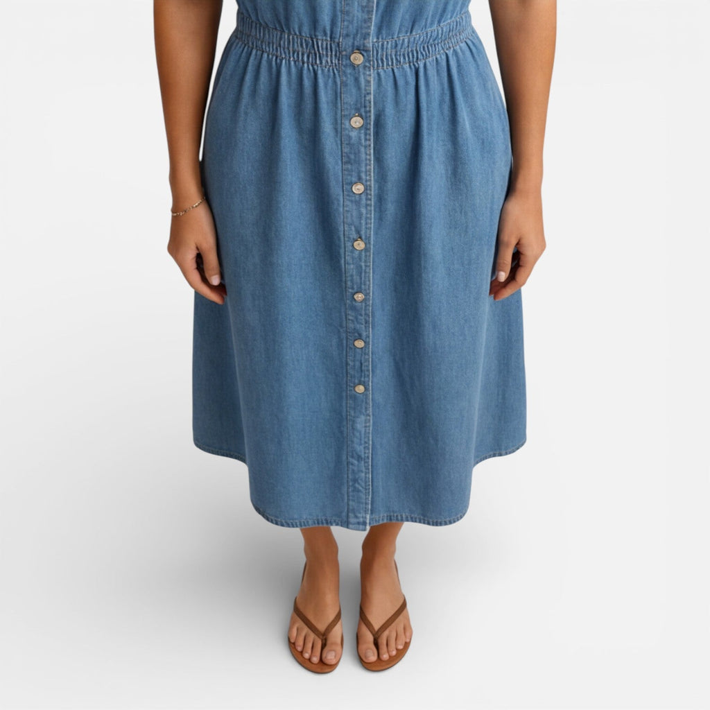 Denim Midi Shirt Dress for Women - Casual Button Front Comfort Wear