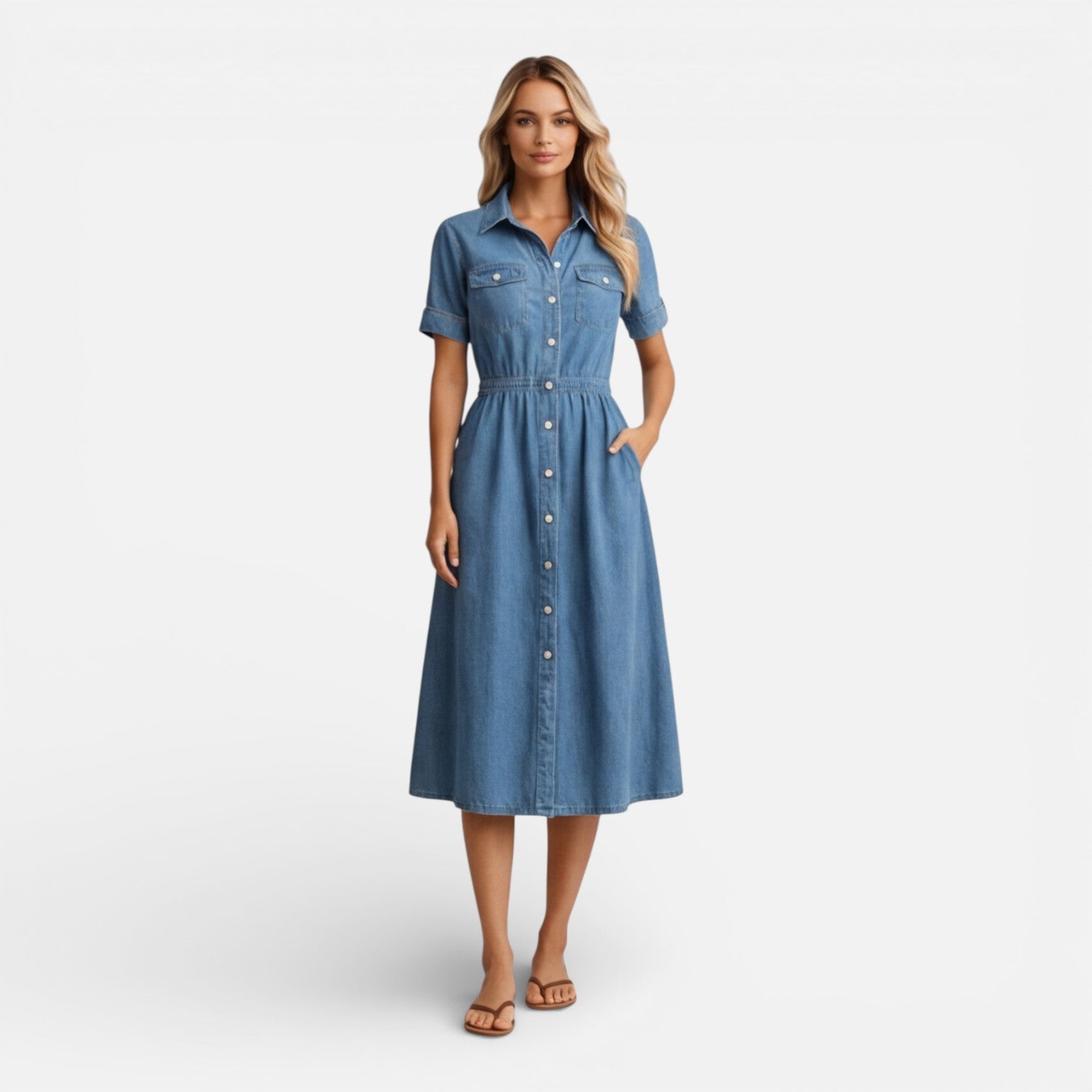 Denim Midi Shirt Dress for Women - Casual Button Front Comfort Wear