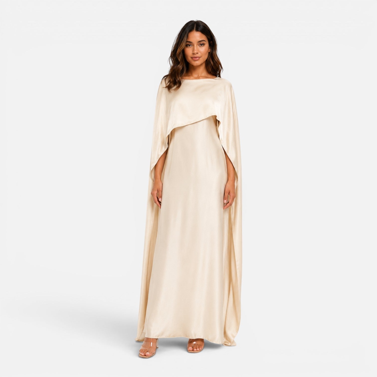 Draped Sleeve Maxi Dress for Women - Elegant Evening Wear, Soft Fabric