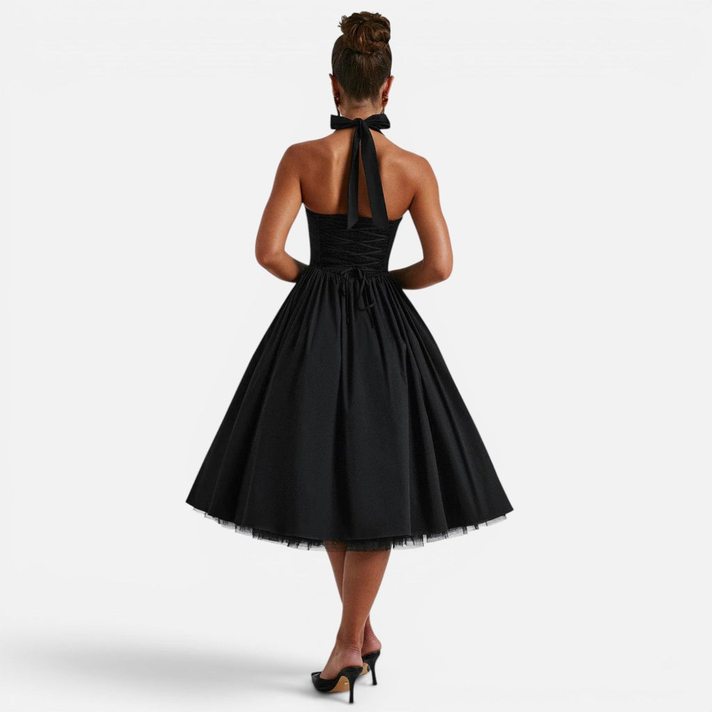 Halter Neck Backless Midi Corset Dress | Fit and Flare Party Dress