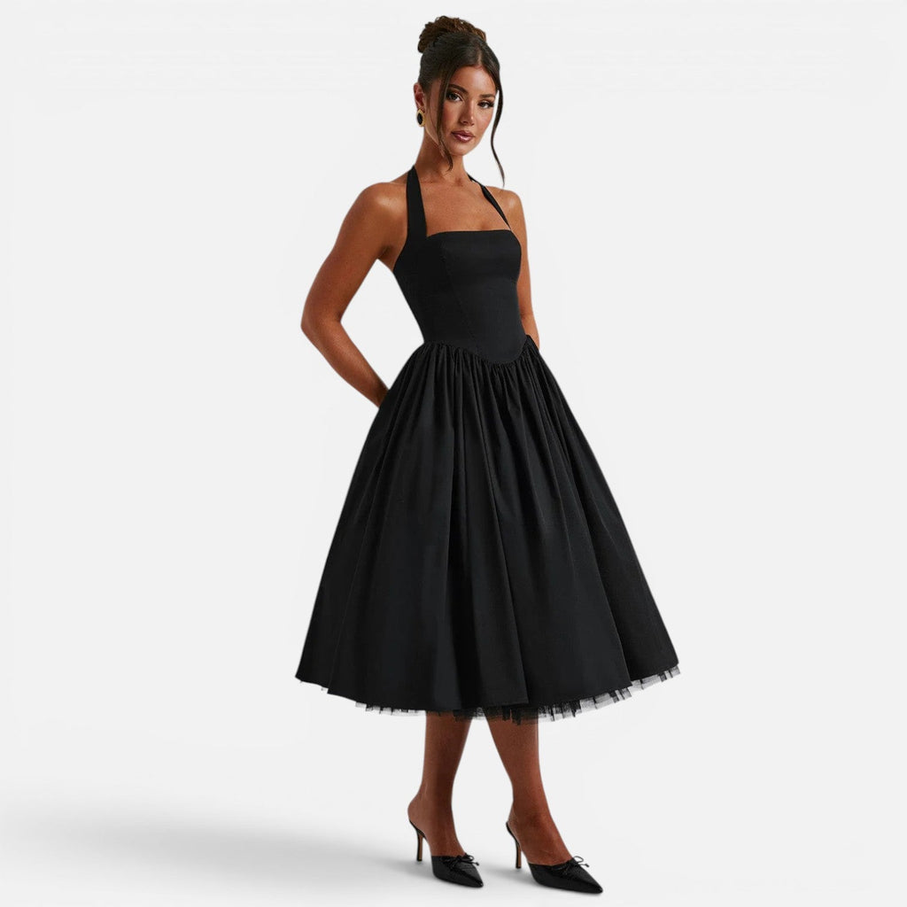Halter Neck Backless Midi Corset Dress | Fit and Flare Party Dress