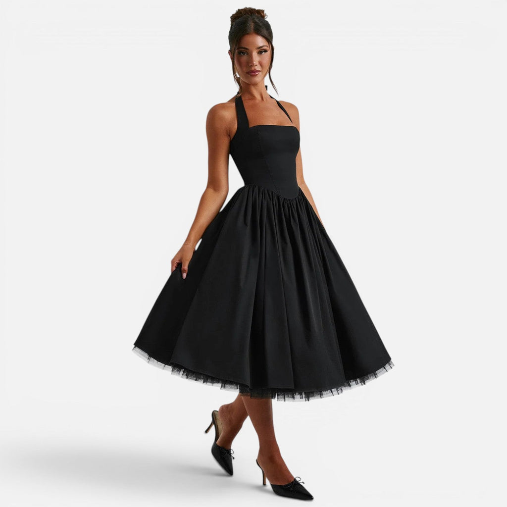 Halter Neck Backless Midi Corset Dress | Fit and Flare Party Dress