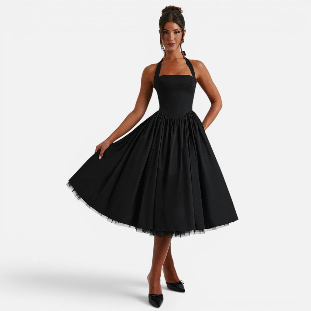 Halter Neck Backless Midi Corset Dress | Fit and Flare Party Dress