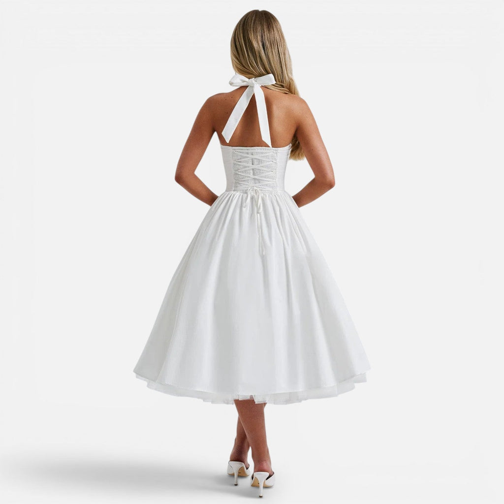 Halter Neck Backless Midi Corset Dress | Fit and Flare Party Dress
