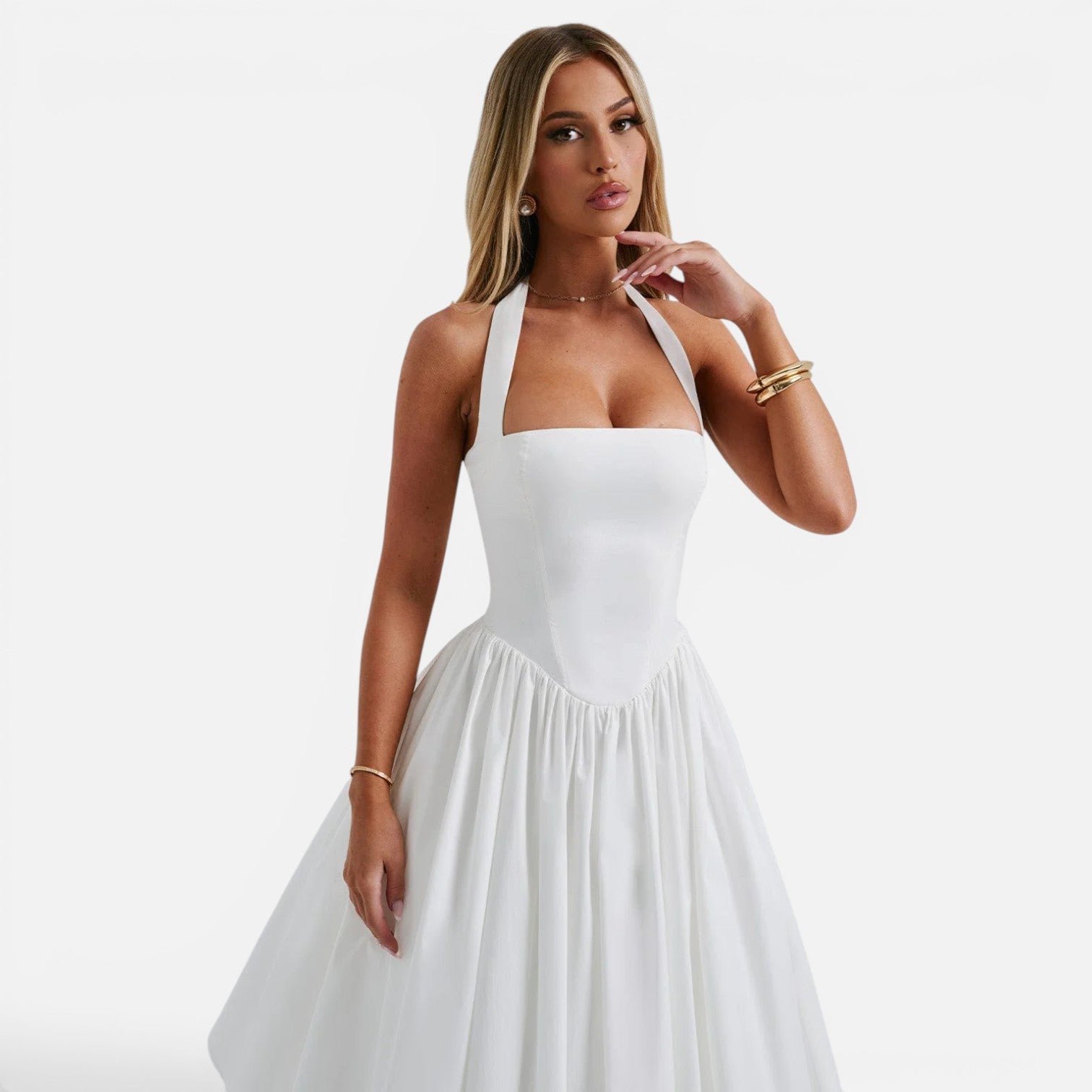 Halter Neck Backless Midi Corset Dress | Fit and Flare Party Dress