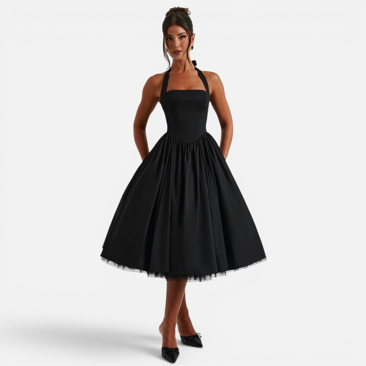 Halter Neck Backless Midi Corset Dress | Fit and Flare Party Dress