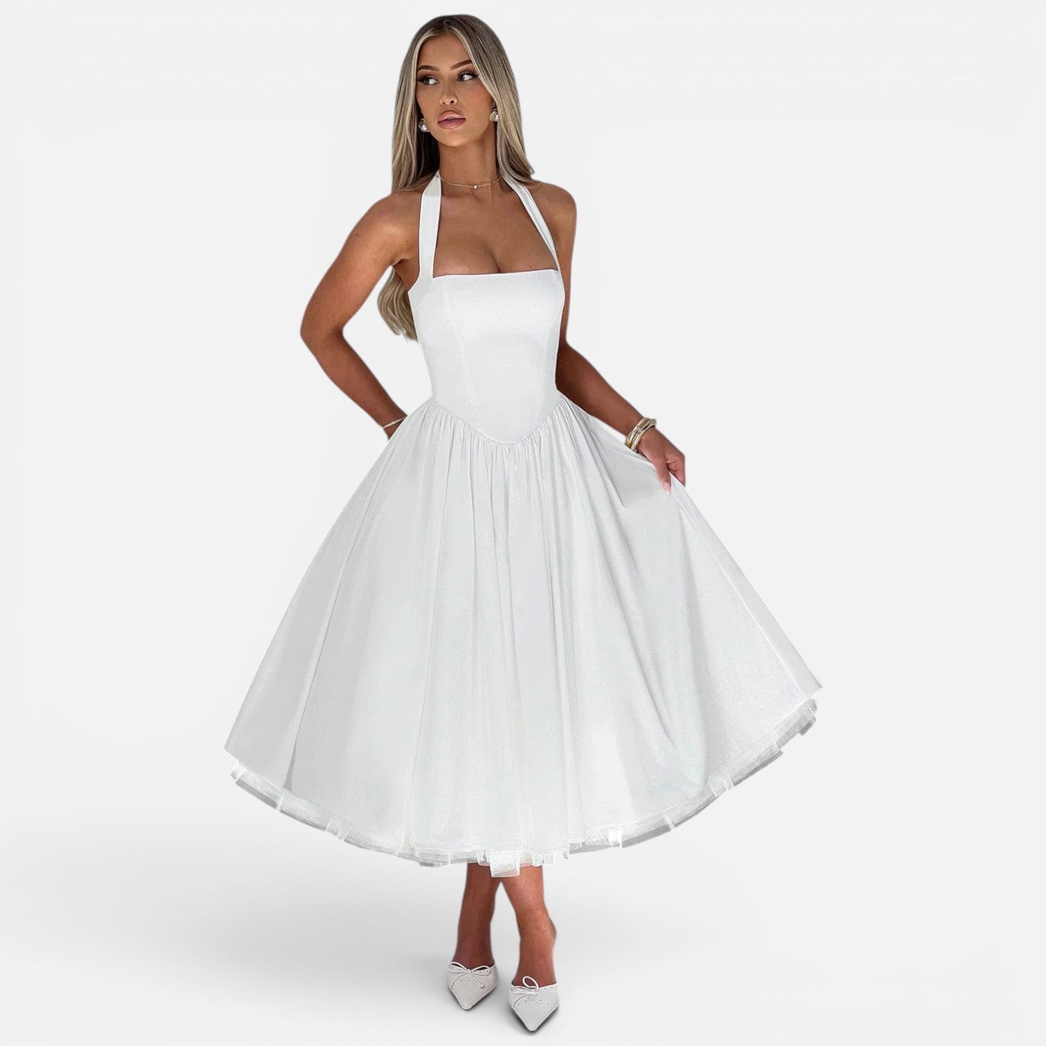 Halter Neck Backless Midi Corset Dress | Fit and Flare Party Dress