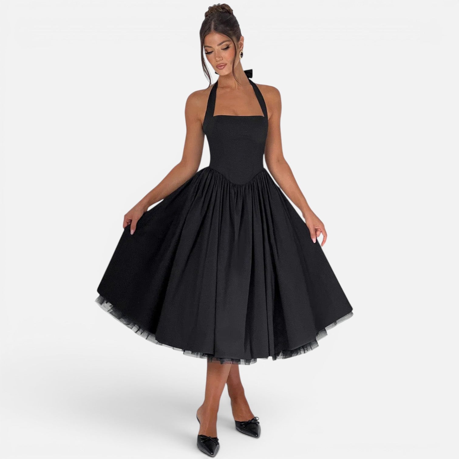 Halter Neck Backless Midi Corset Dress | Fit and Flare Party Dress