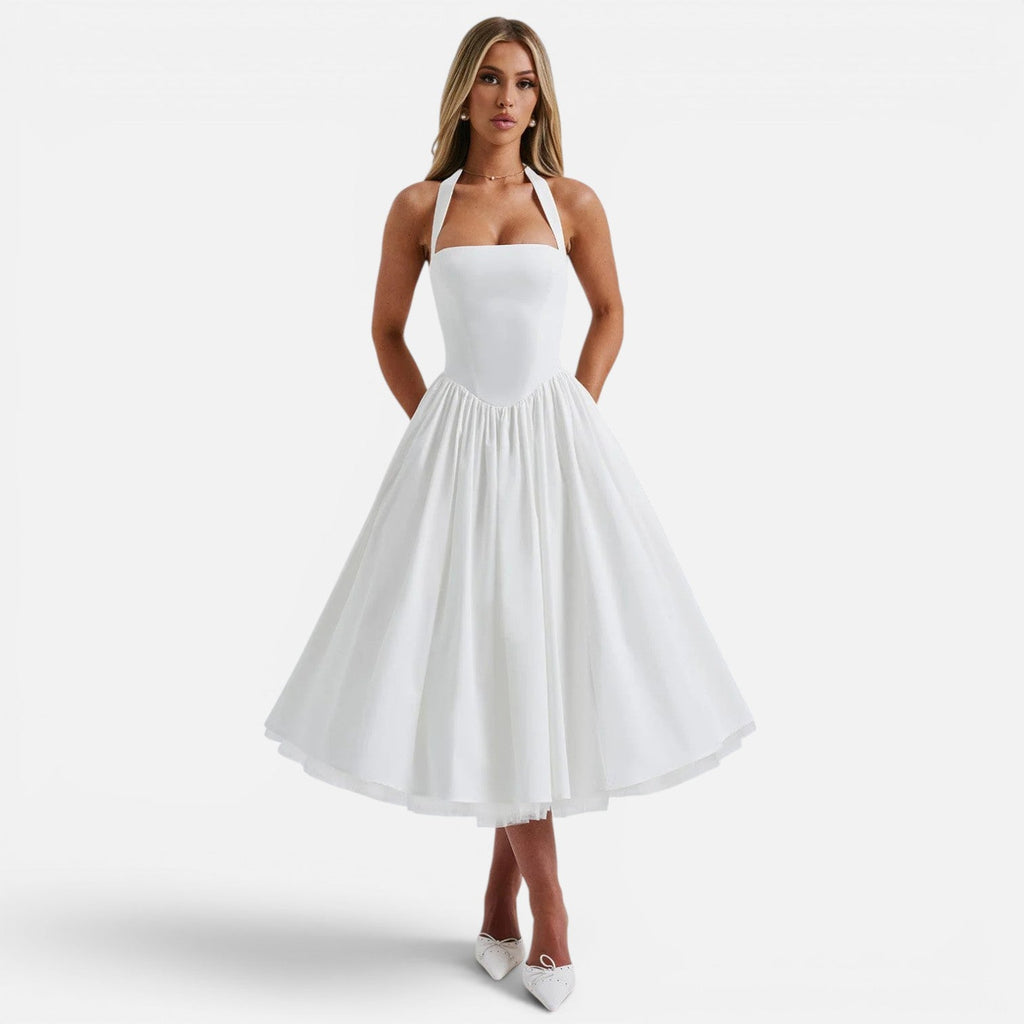 Halter Neck Backless Midi Corset Dress | Fit and Flare Party Dress