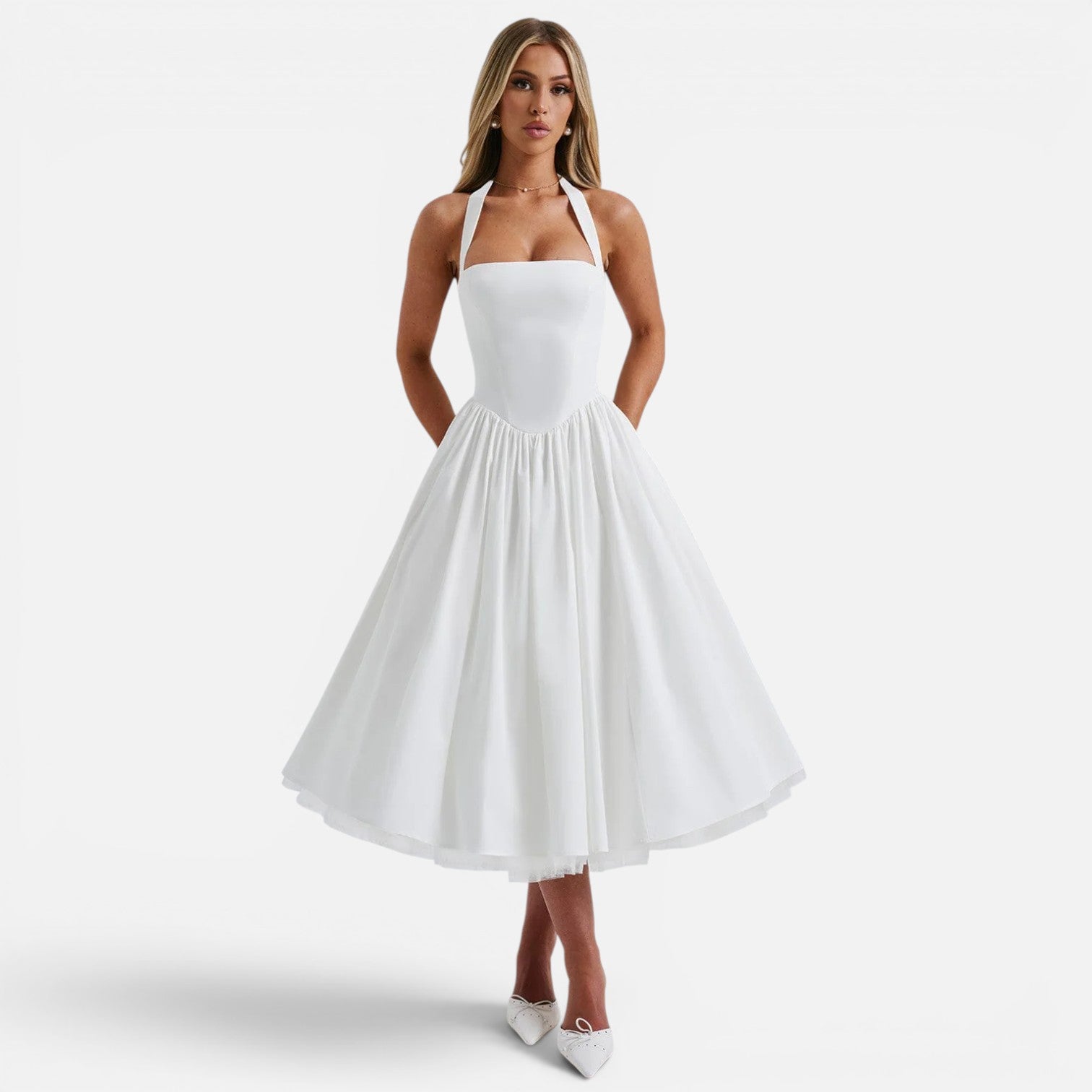 Halter Neck Backless Midi Corset Dress | Fit and Flare Party Dress