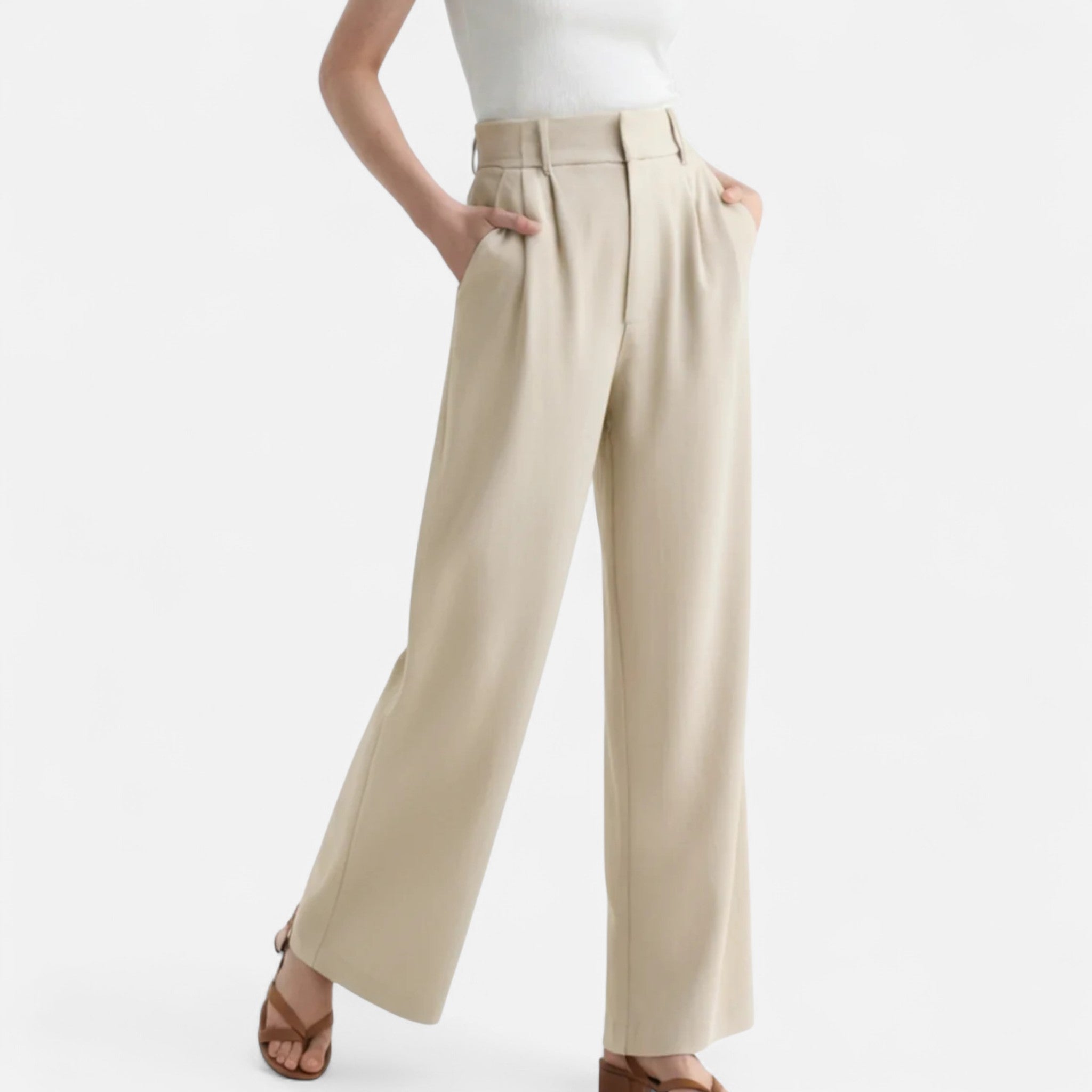 High Waist Wide Leg Trousers for Women - Tailored Classic Fit Pants