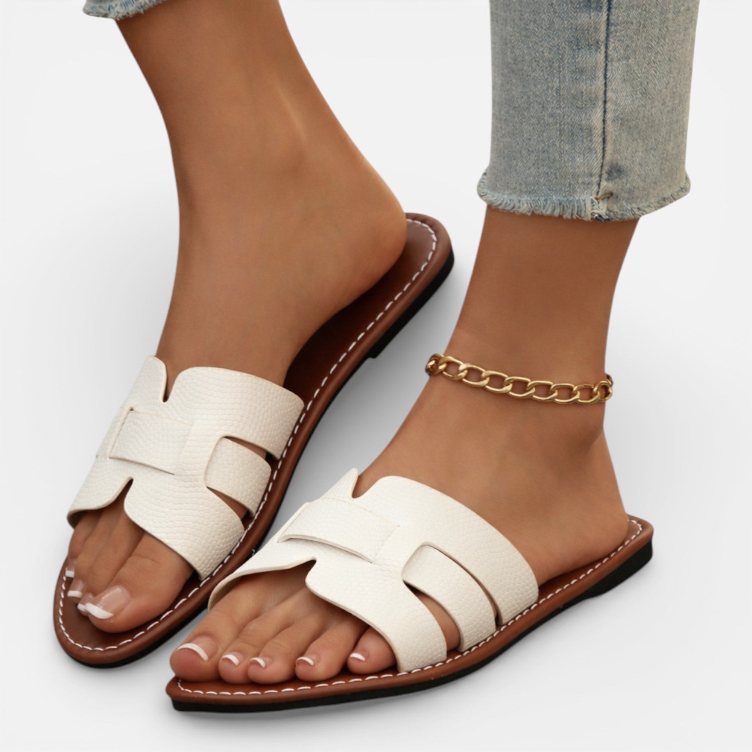 Leather Slide Sandals for Women | Cushioned Comfort | Open Toe Flat Design