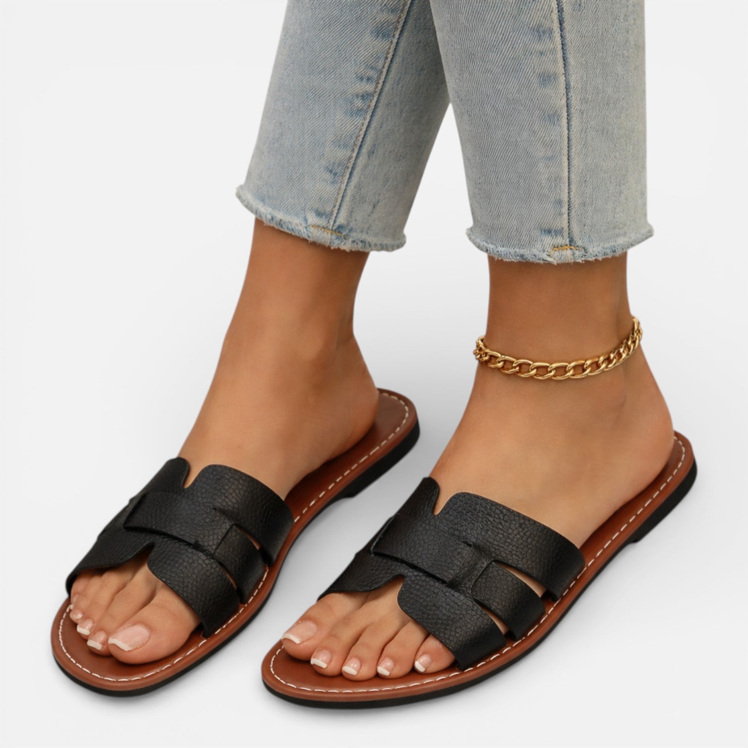 Leather Slide Sandals for Women | Cushioned Comfort | Open Toe Flat Design