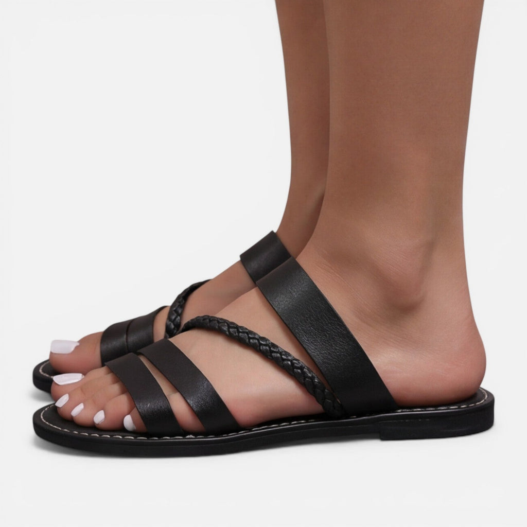 Leather Strap Flat Sandals for Women - Comfortable Summer Slides