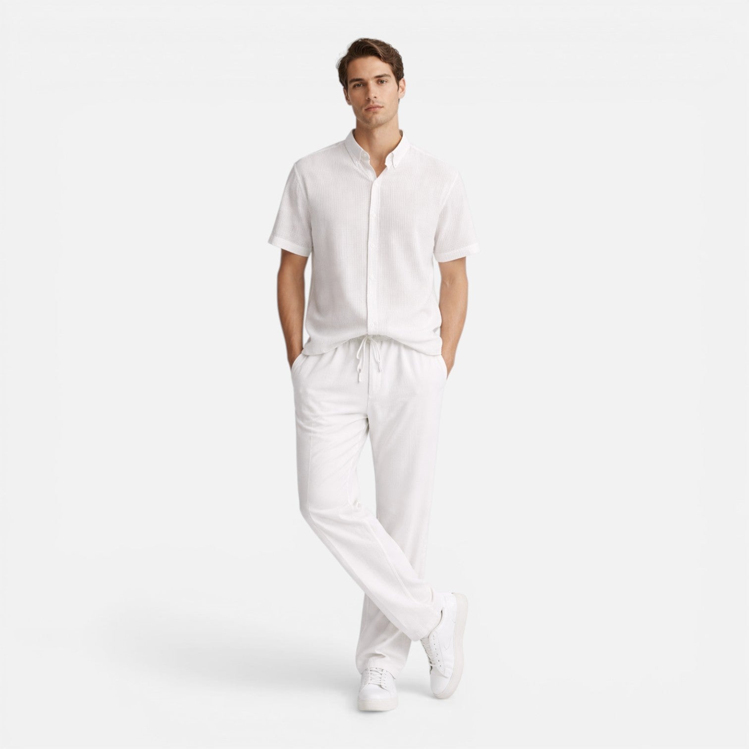 Men's Casual Short Sleeve Shirt and Pants Set - Comfortable Cotton Outfit