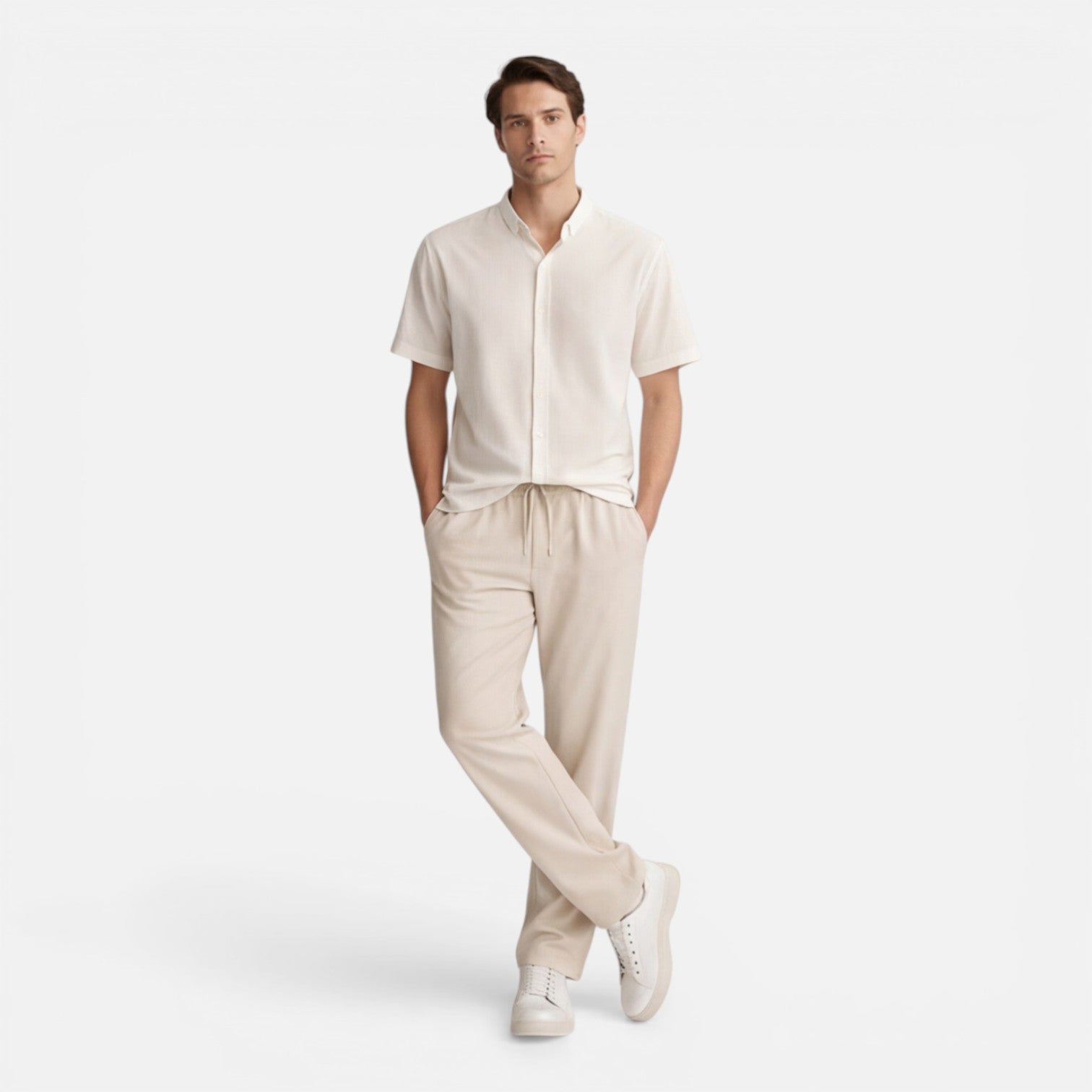 Men's Casual Short Sleeve Shirt and Pants Set - Comfortable Cotton Outfit