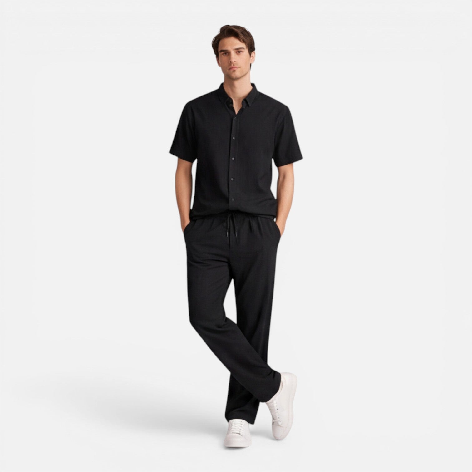 Men's Casual Short Sleeve Shirt and Pants Set - Comfortable Cotton Outfit