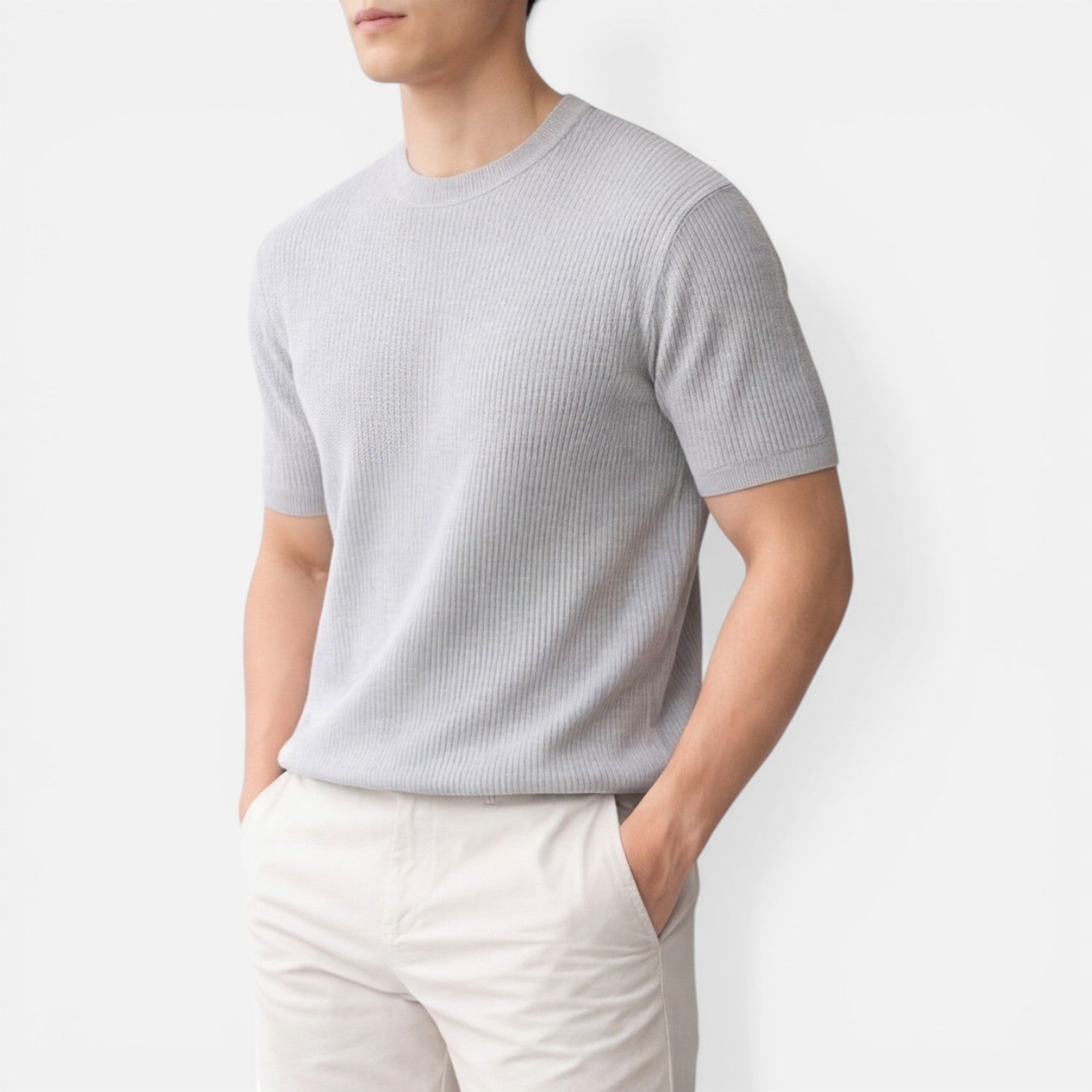 Men's Lightweight Ribbed Knit Slim Fit T-Shirt for Summer Wear
