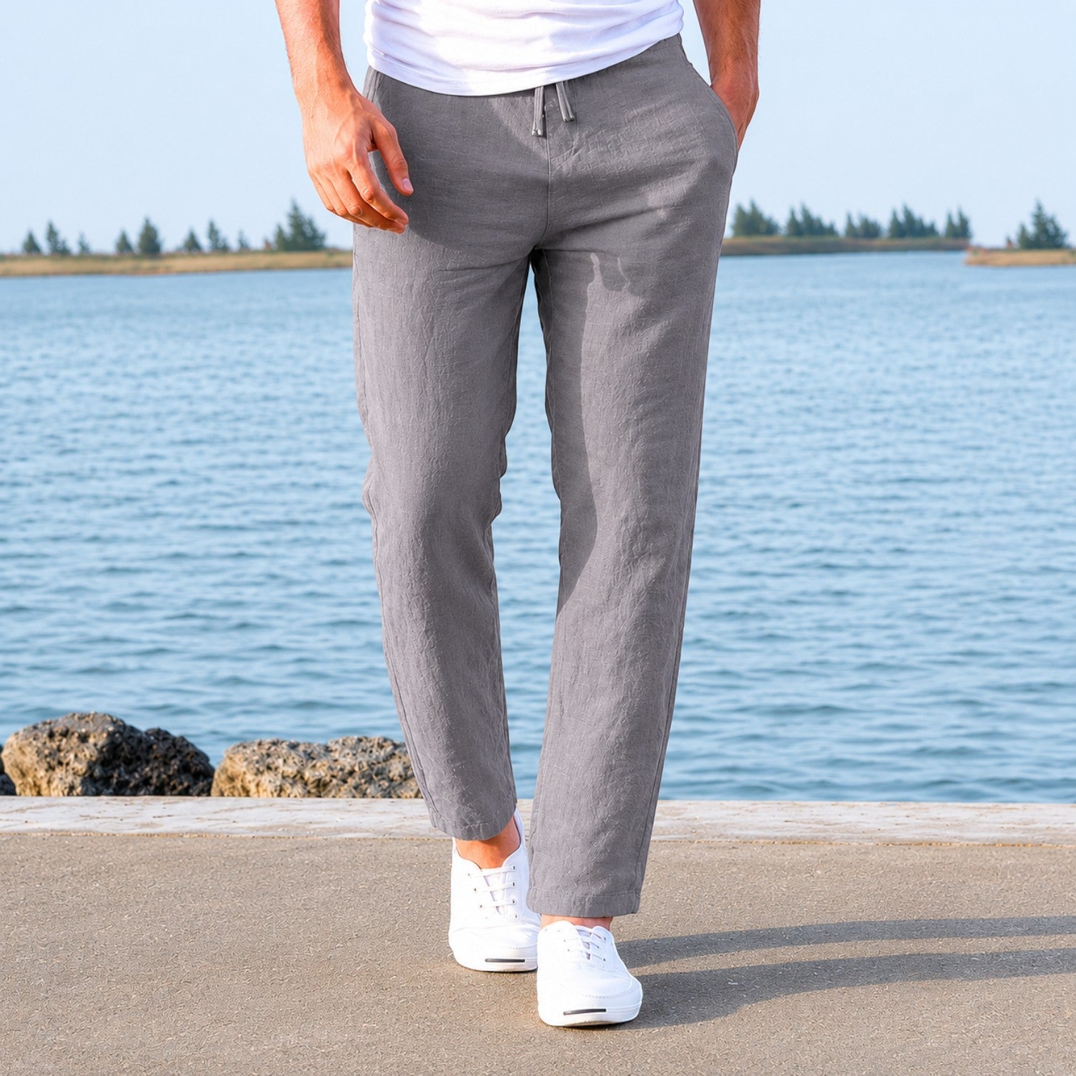 Men's Lightweight Slim Fit Drawstring Trousers for Summer Casual Wear