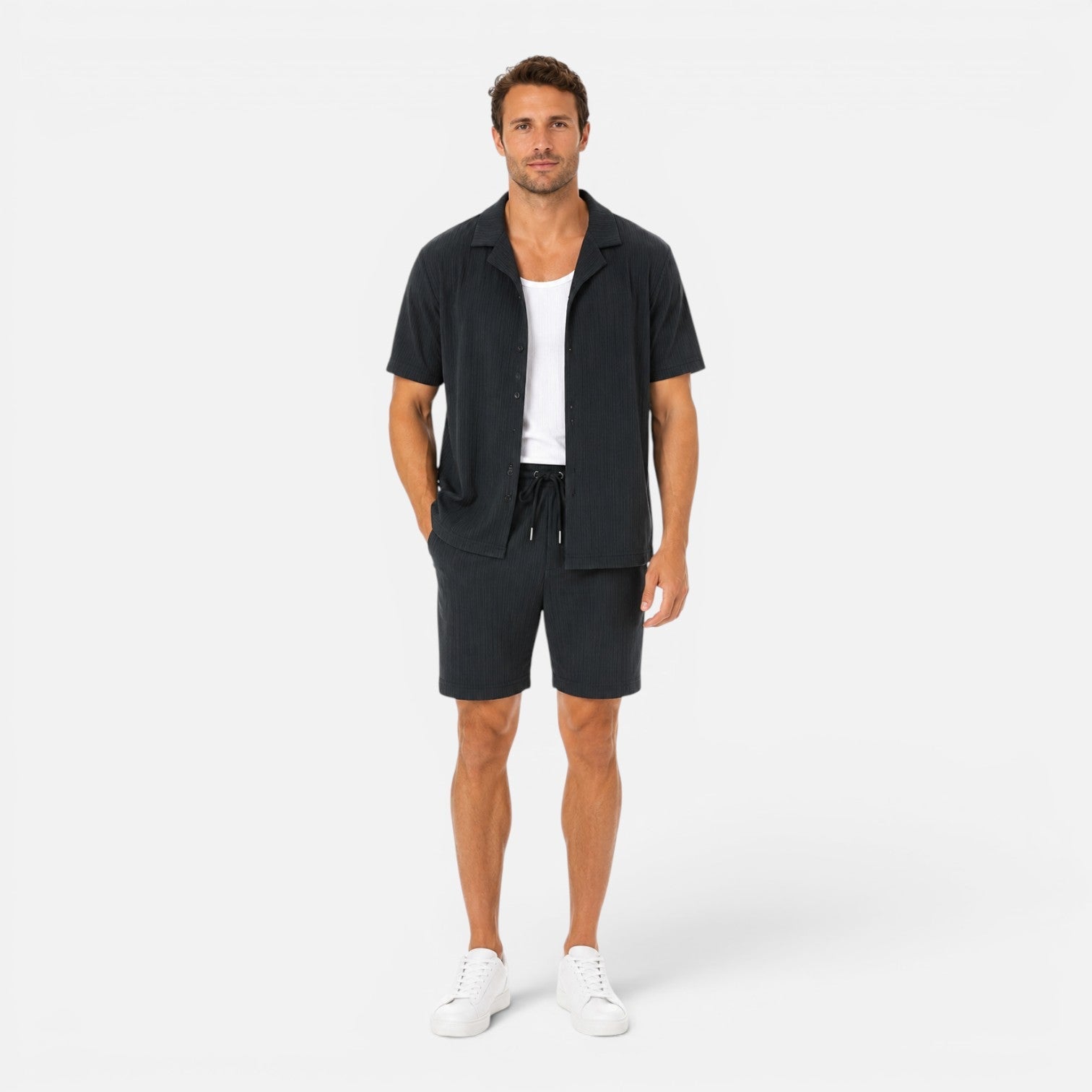 Men's Lightweight Textured Shirt and Shorts Set for Summer Casual Wear