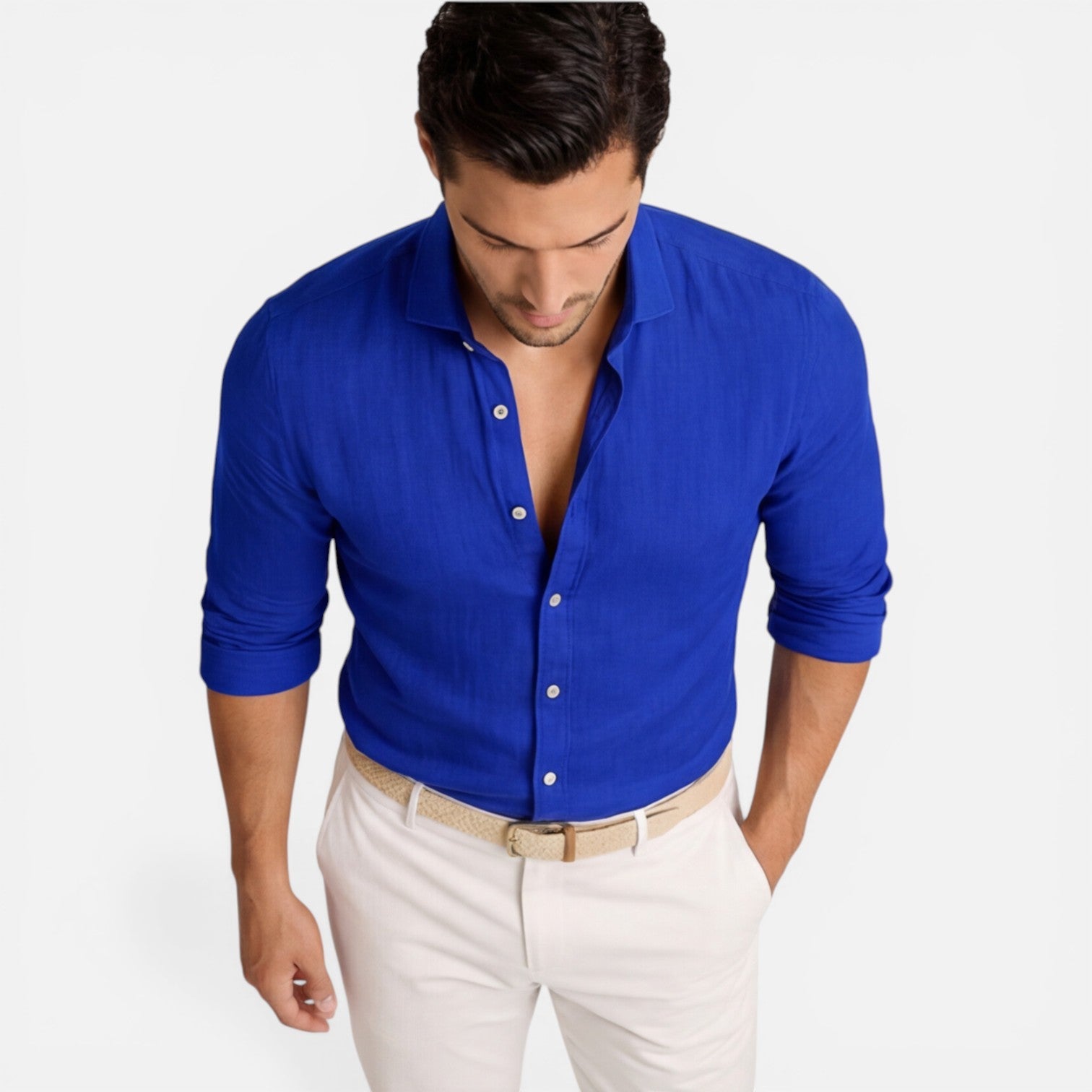 Men's Slim Fit Linen Cotton Blend Button Down Shirt - Breathable Casual Wear