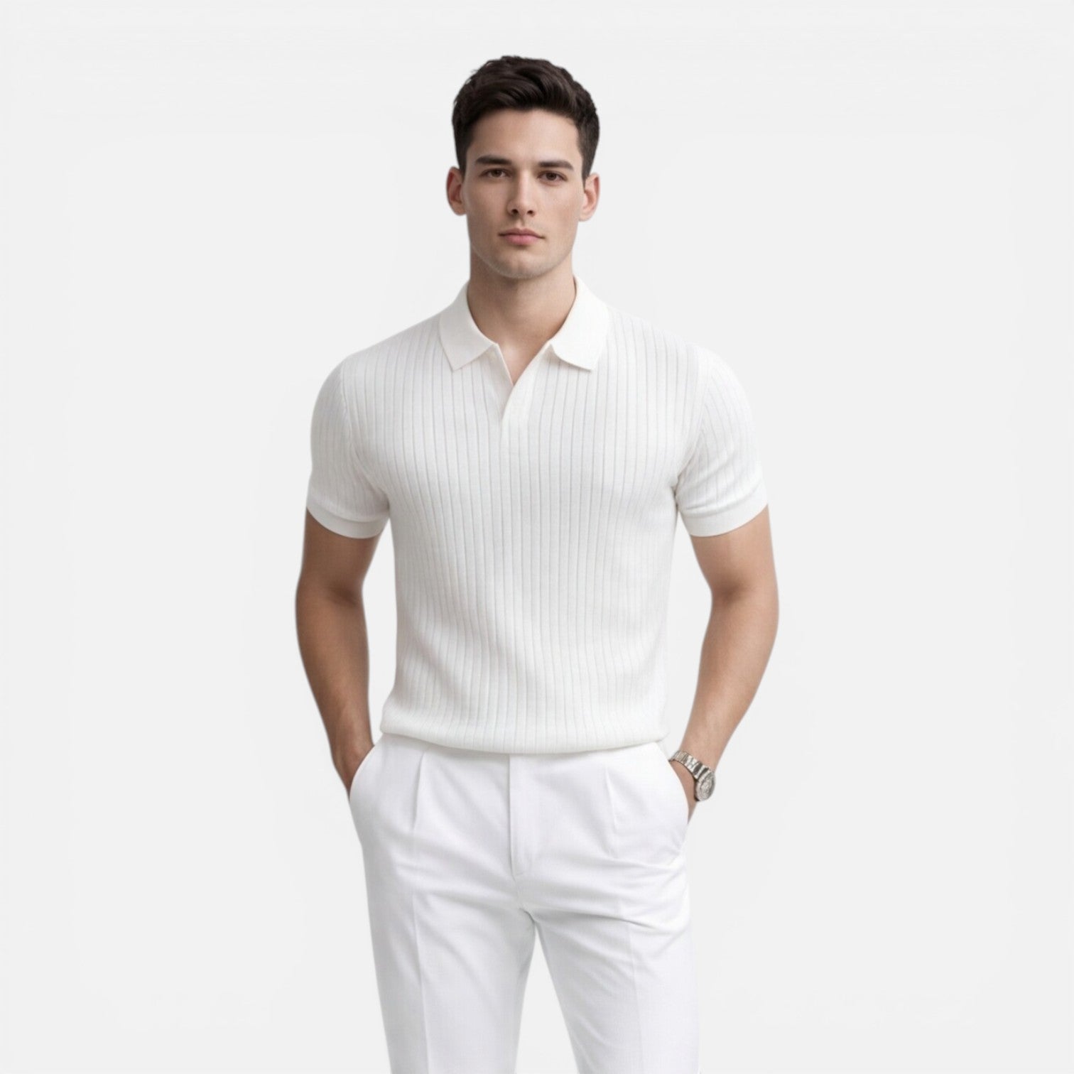 Men's Slim Fit Ribbed Knit Polo Shirt - Premium Cotton Casual Wear