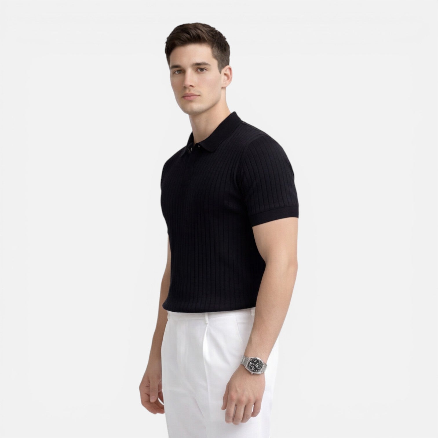 Men's Slim Fit Ribbed Knit Polo Shirt - Premium Cotton Casual Wear