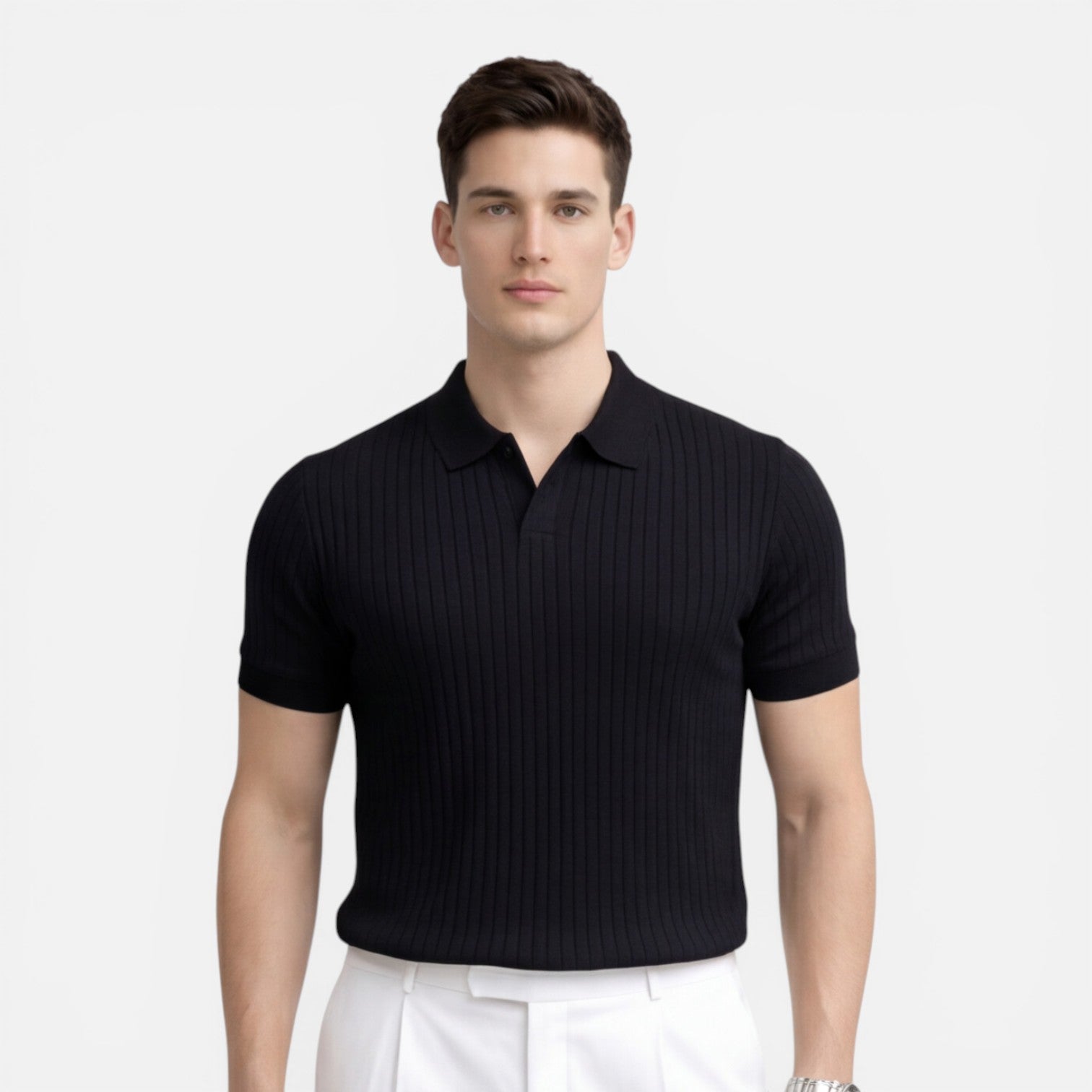 Men's Slim Fit Ribbed Knit Polo Shirt - Premium Cotton Casual Wear