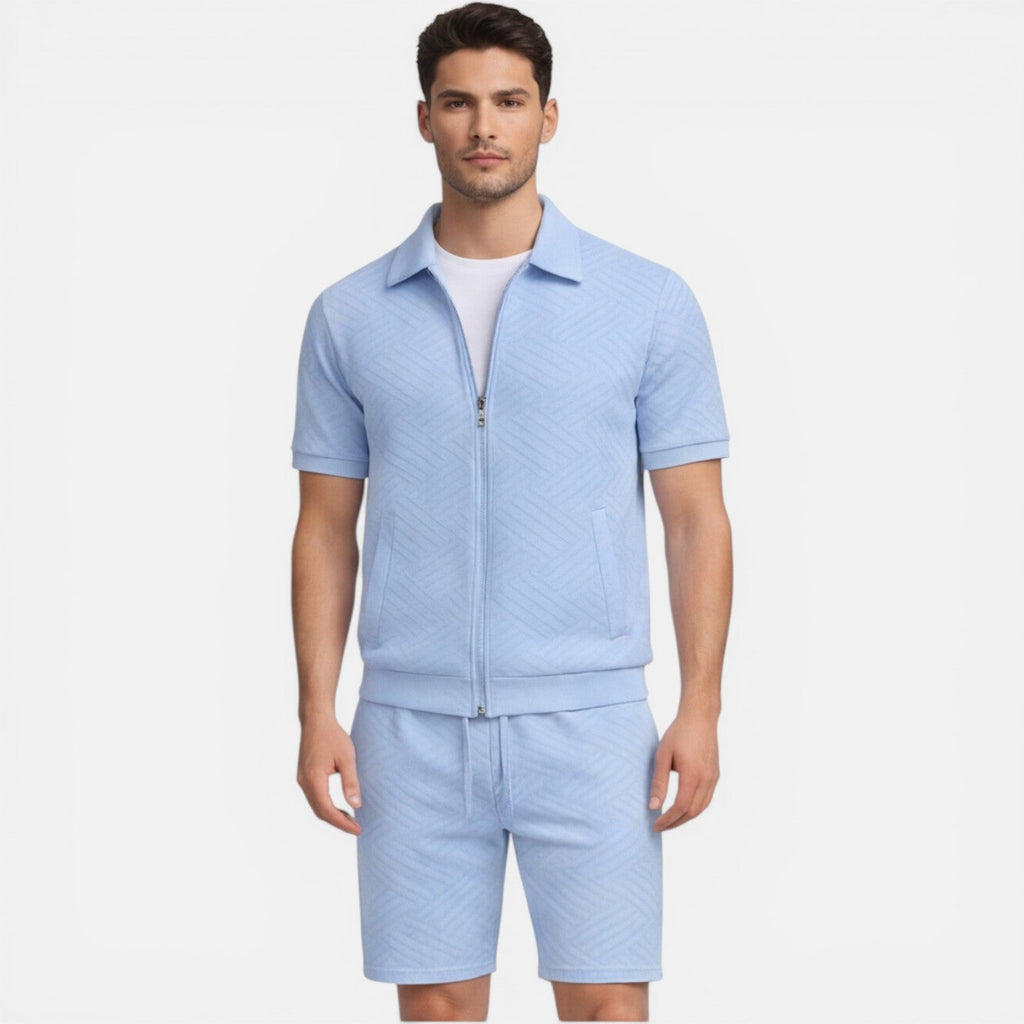 Men's Slim Fit Summer Zip Shirt and Drawstring Shorts Matching Set