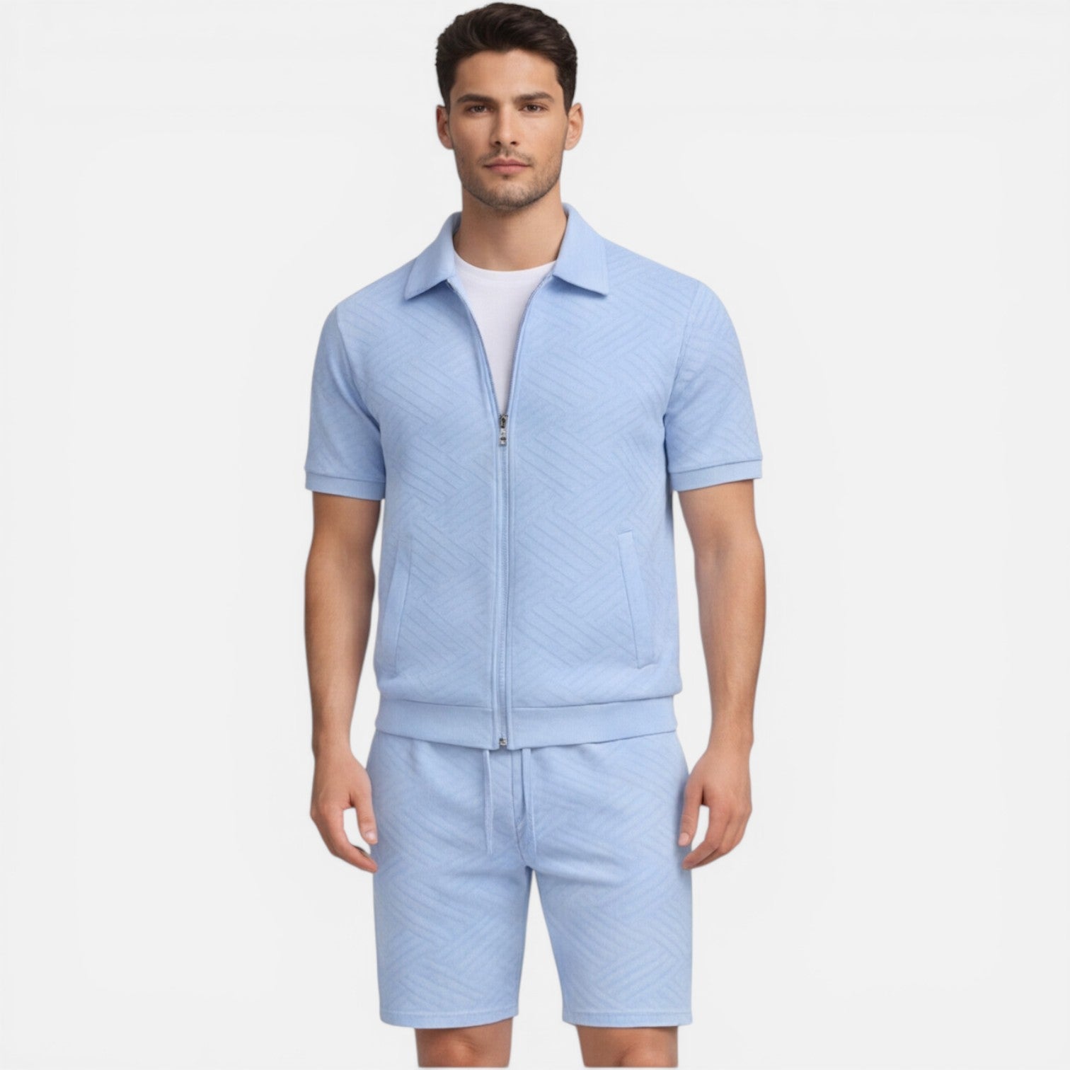 Men's Slim Fit Summer Zip Shirt and Drawstring Shorts Matching Set