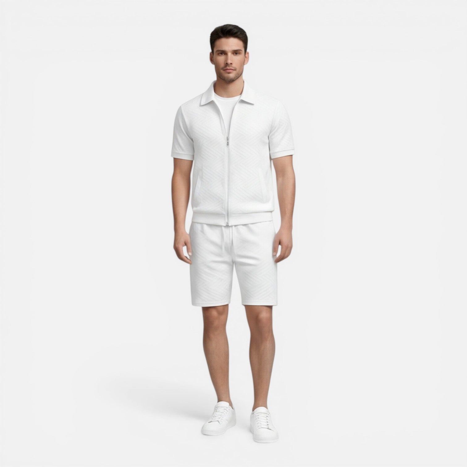 Men's Slim Fit Summer Zip Shirt and Drawstring Shorts Matching Set