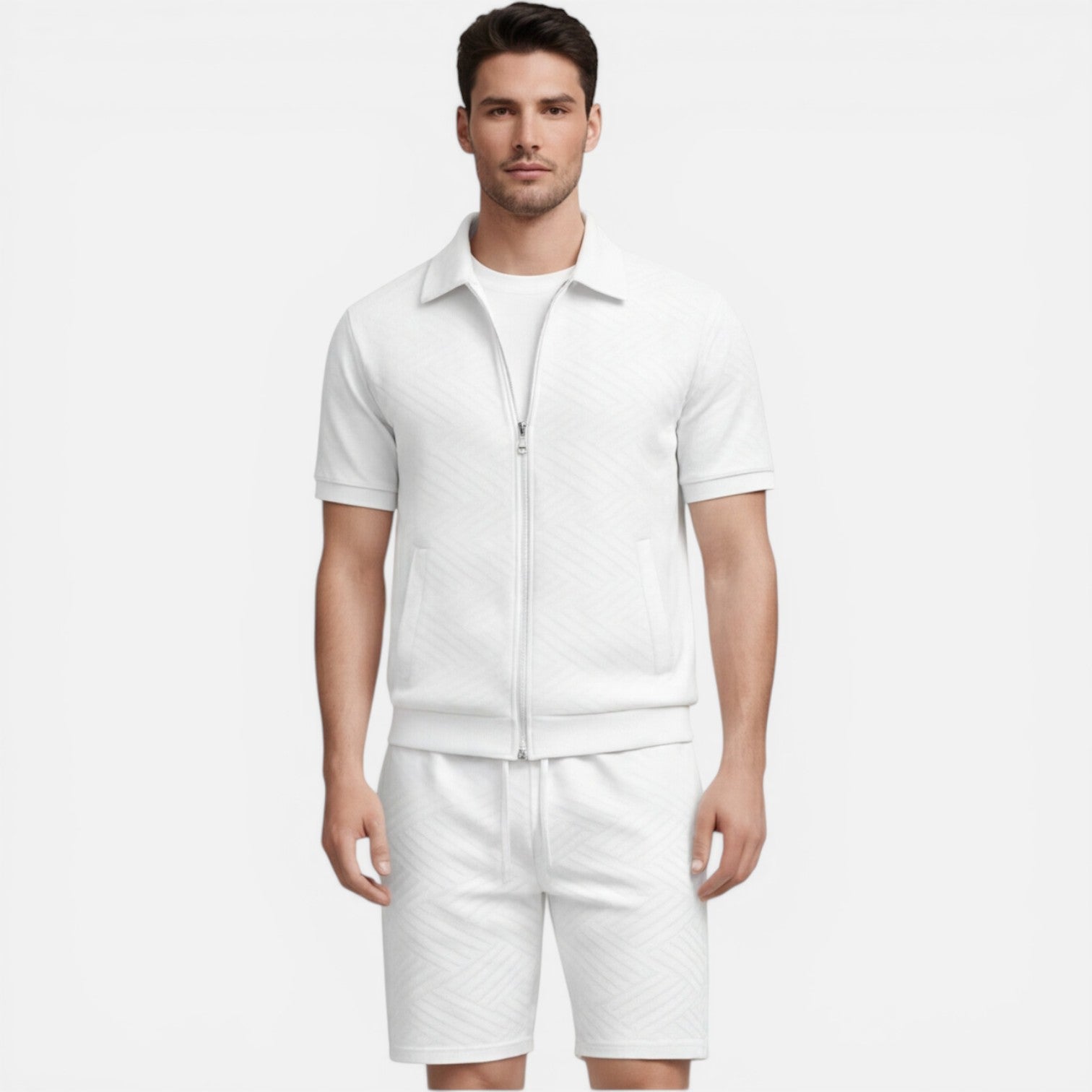 Men's Slim Fit Summer Zip Shirt and Drawstring Shorts Matching Set