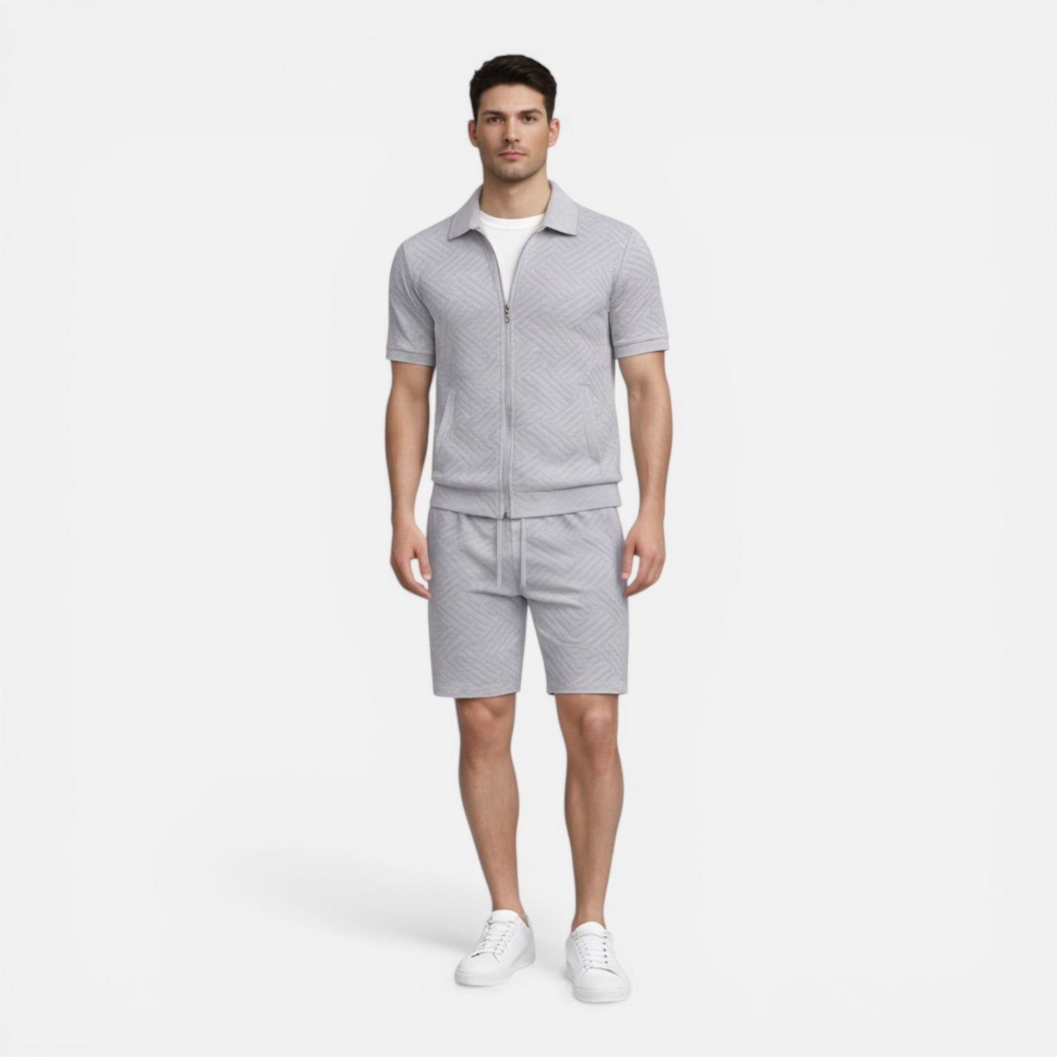Men's Slim Fit Summer Zip Shirt and Drawstring Shorts Matching Set