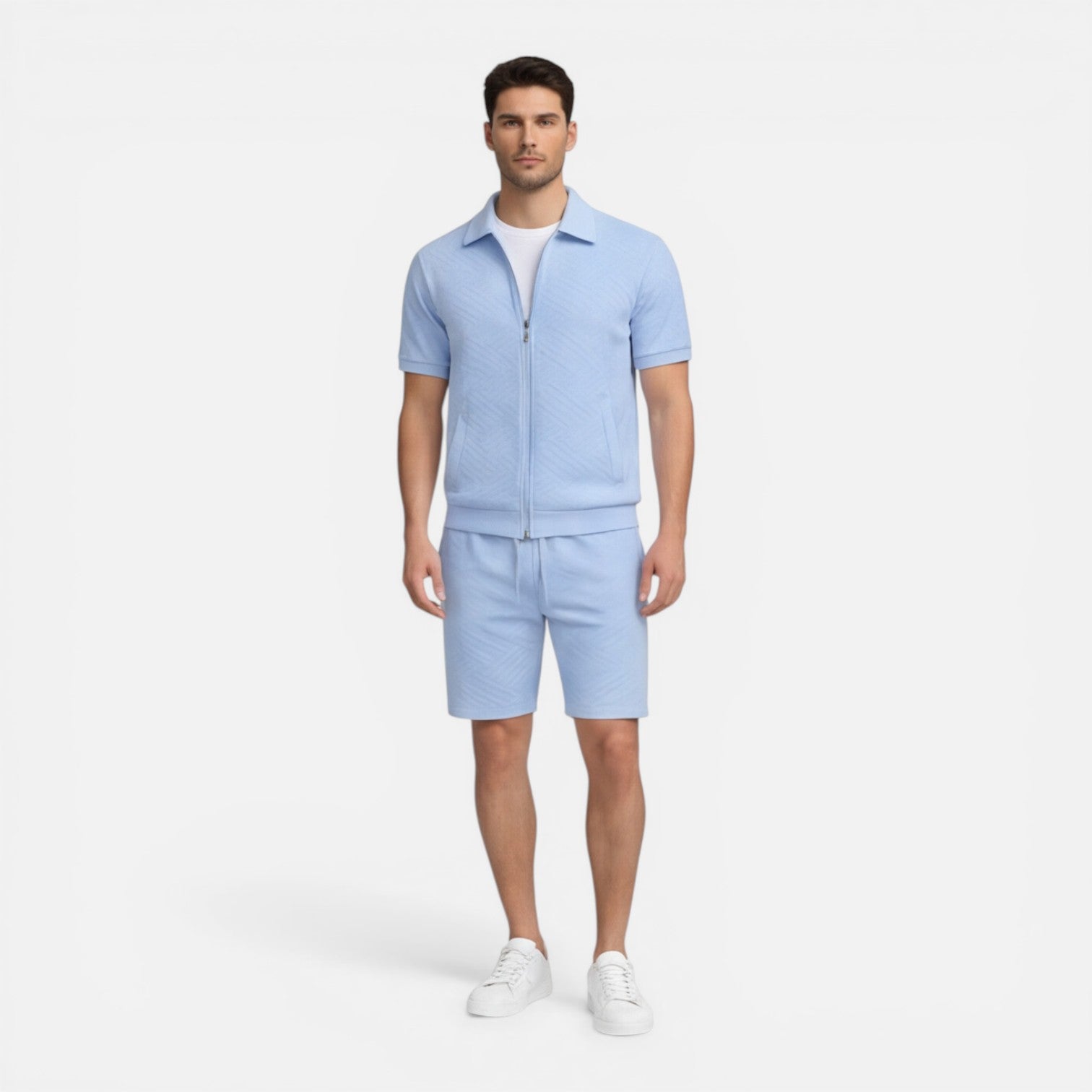 Men's Slim Fit Summer Zip Shirt and Drawstring Shorts Matching Set