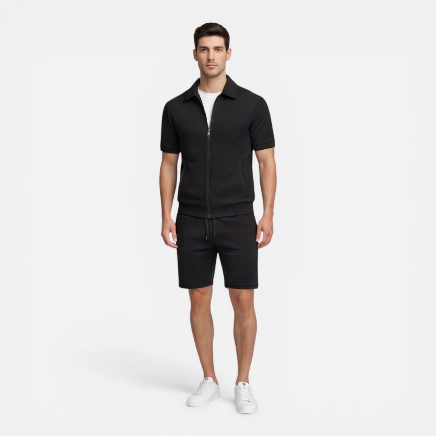 Men's Slim Fit Summer Zip Shirt and Drawstring Shorts Matching Set