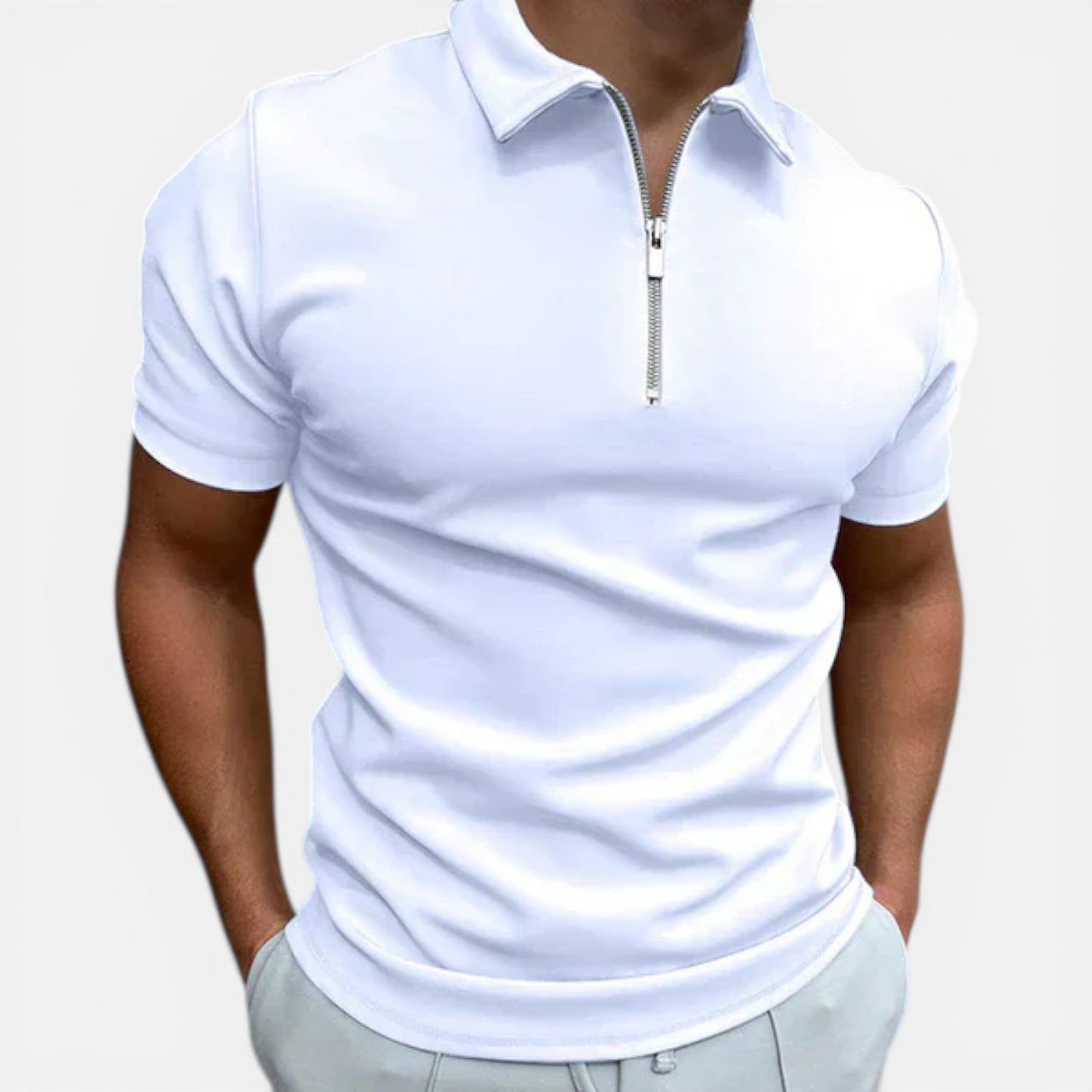 Men's Slim Fit Zip Polo Shirt - Smart Casual Cotton Blend for Everyday Wear
