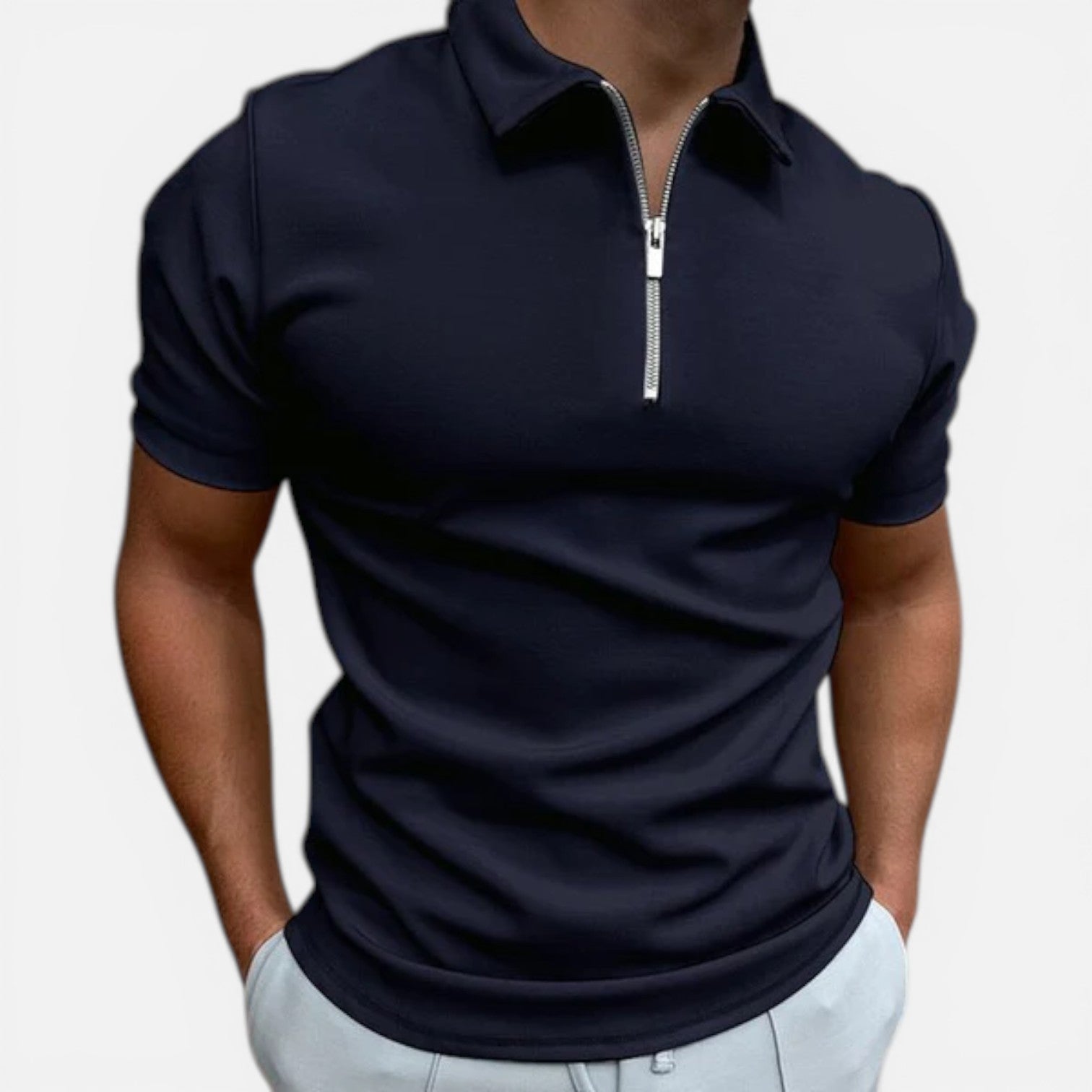 Men's Slim Fit Zip Polo Shirt - Smart Casual Cotton Blend for Everyday Wear