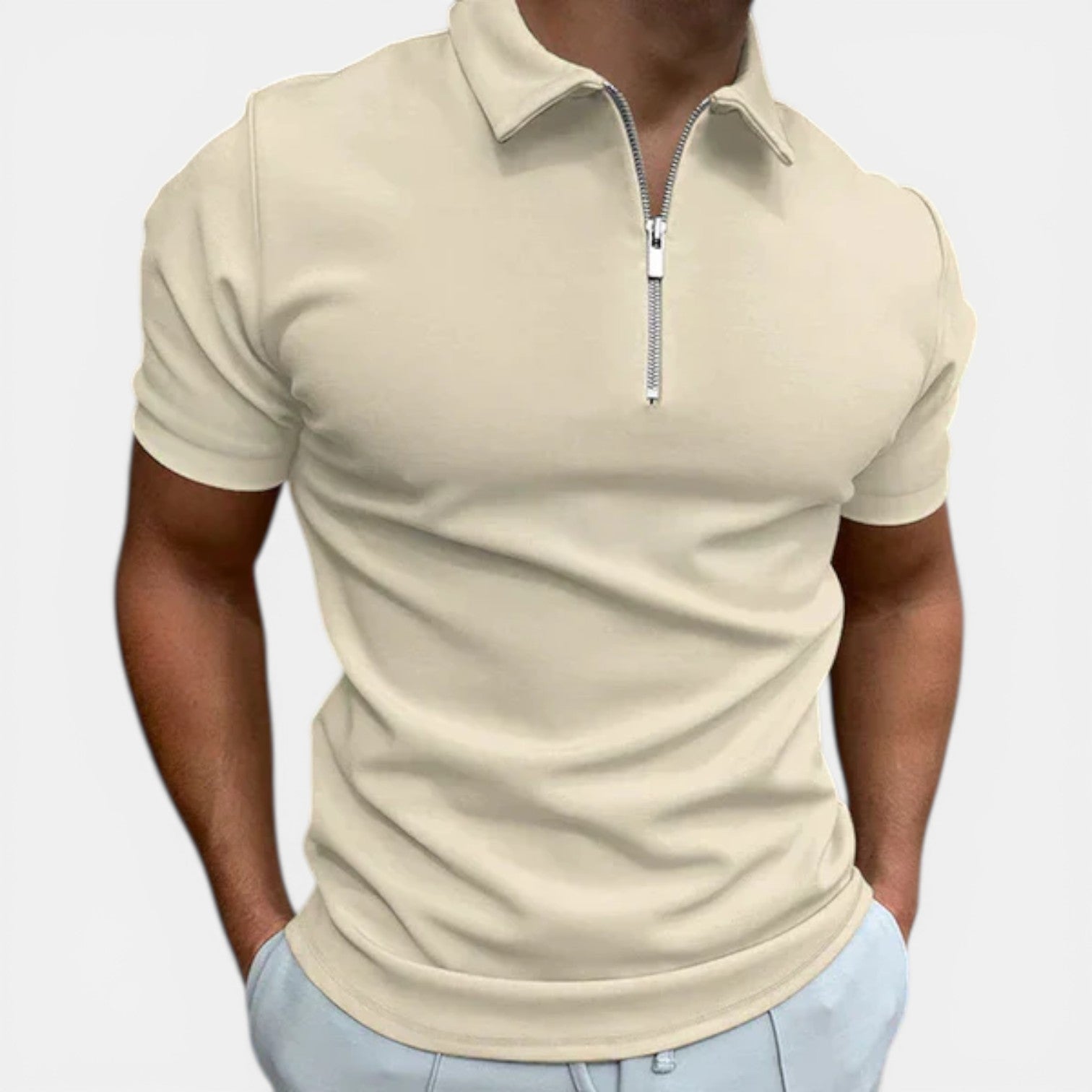 Men's Slim Fit Zip Polo Shirt - Smart Casual Cotton Blend for Everyday Wear