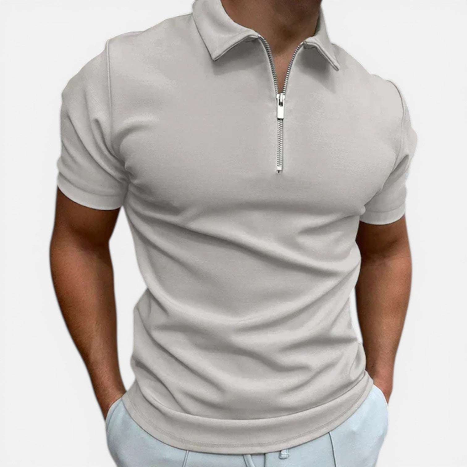 Men's Slim Fit Zip Polo Shirt - Smart Casual Cotton Blend for Everyday Wear
