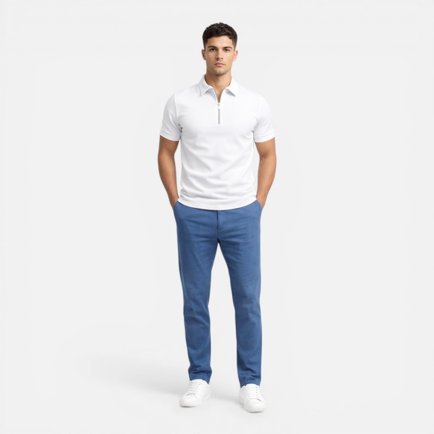 Men's Slim Fit Zip Polo Shirt - Smart Casual Cotton Blend for Everyday Wear