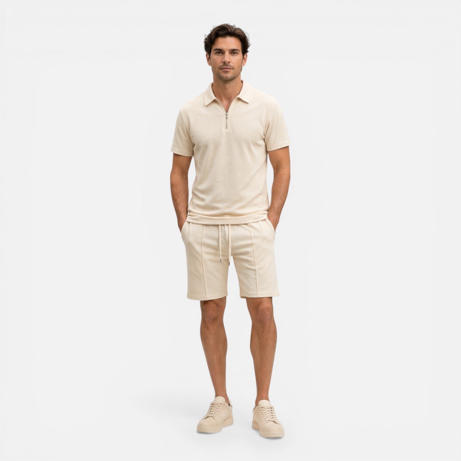 Men's Textured Zip Polo and Shorts Set - Summer Co-Ord Outfit