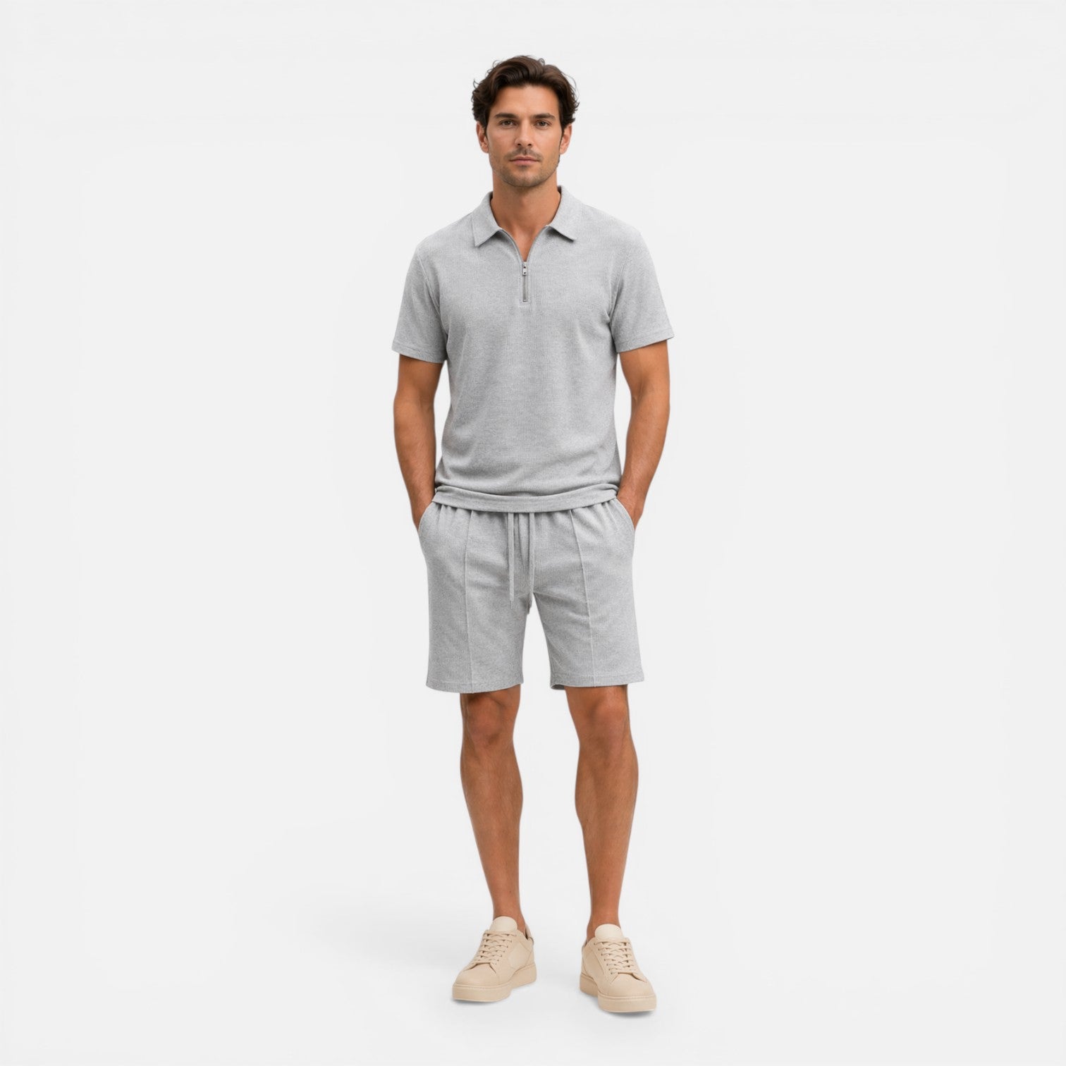 Men's Textured Zip Polo and Shorts Set - Summer Co-Ord Outfit